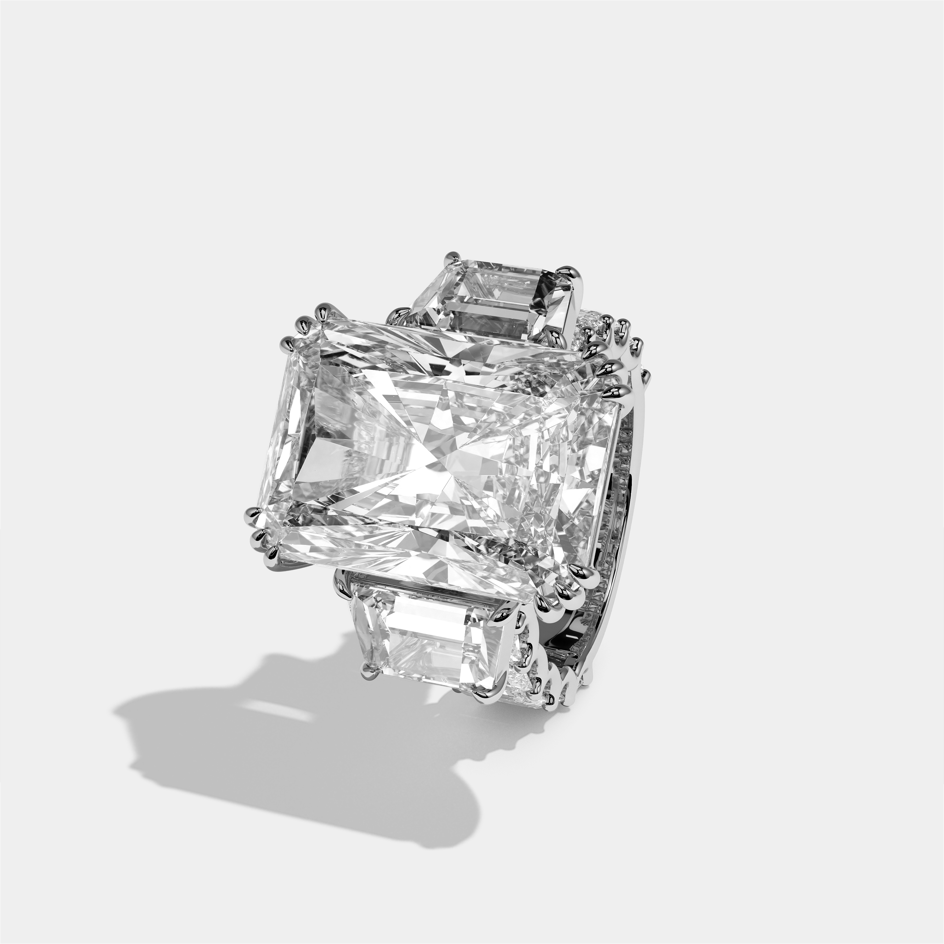 Etheldreda diamond radiant halo engagement ring in 18K white gold by Kurbãni Durjini, left view