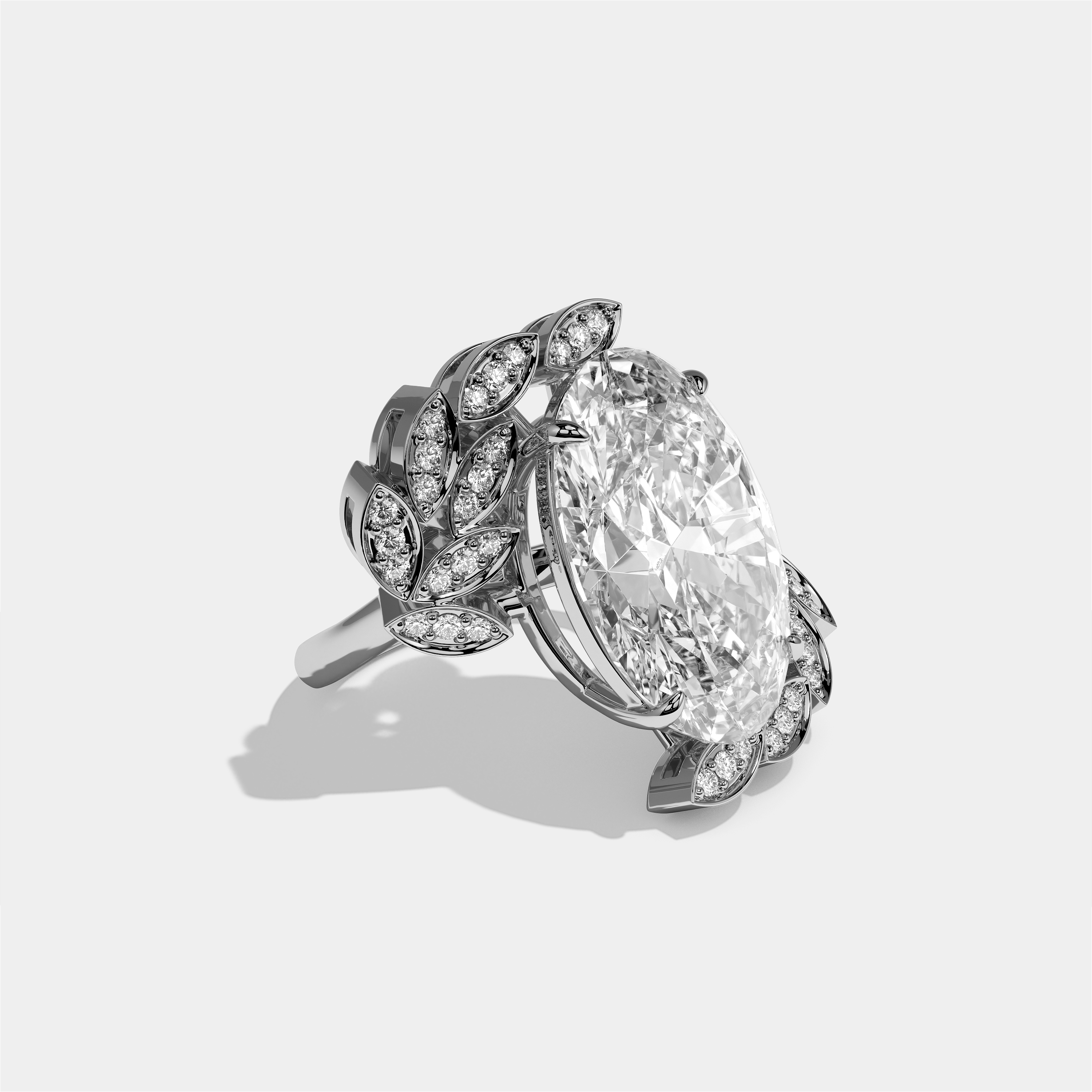 Althaea Morwen diamond oval halo engagement ring in 18K white gold by Kurbãni Durjini, right view