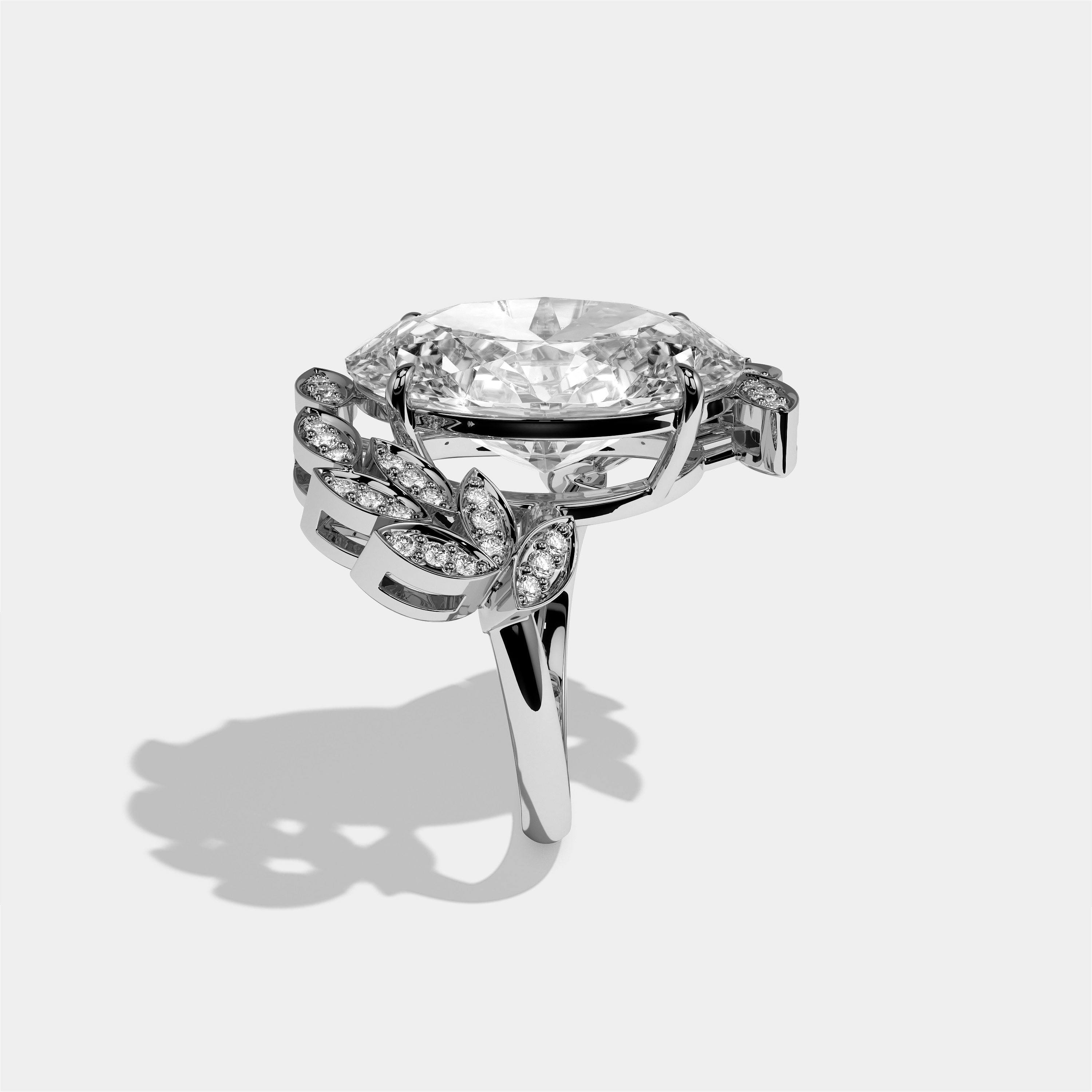 Althaea Morwen diamond oval halo engagement ring in 18K white gold by Kurbãni Durjini, side view