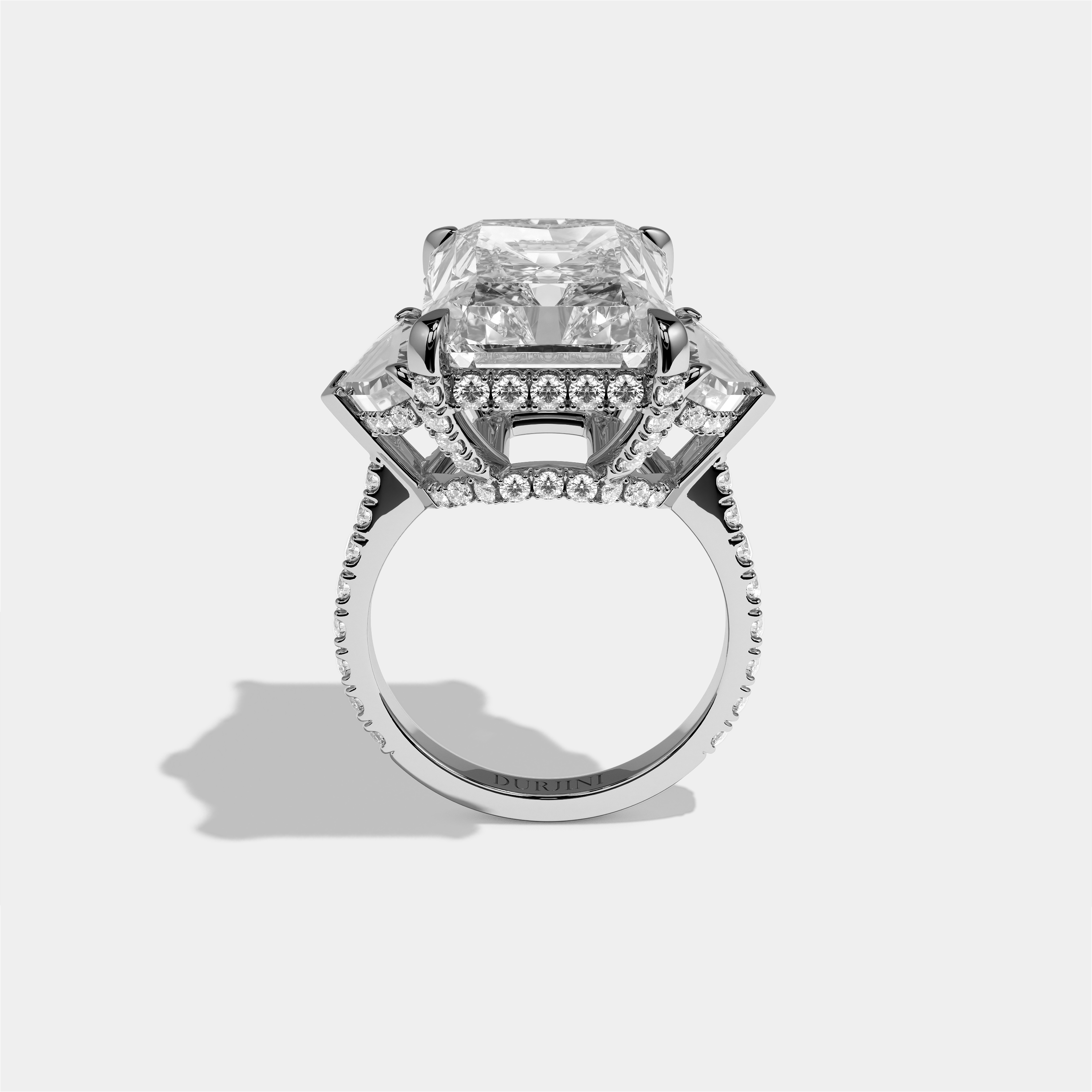 Dinah diamond radiant halo engagement ring in 18K white gold by Kurbãni Durjini, full view