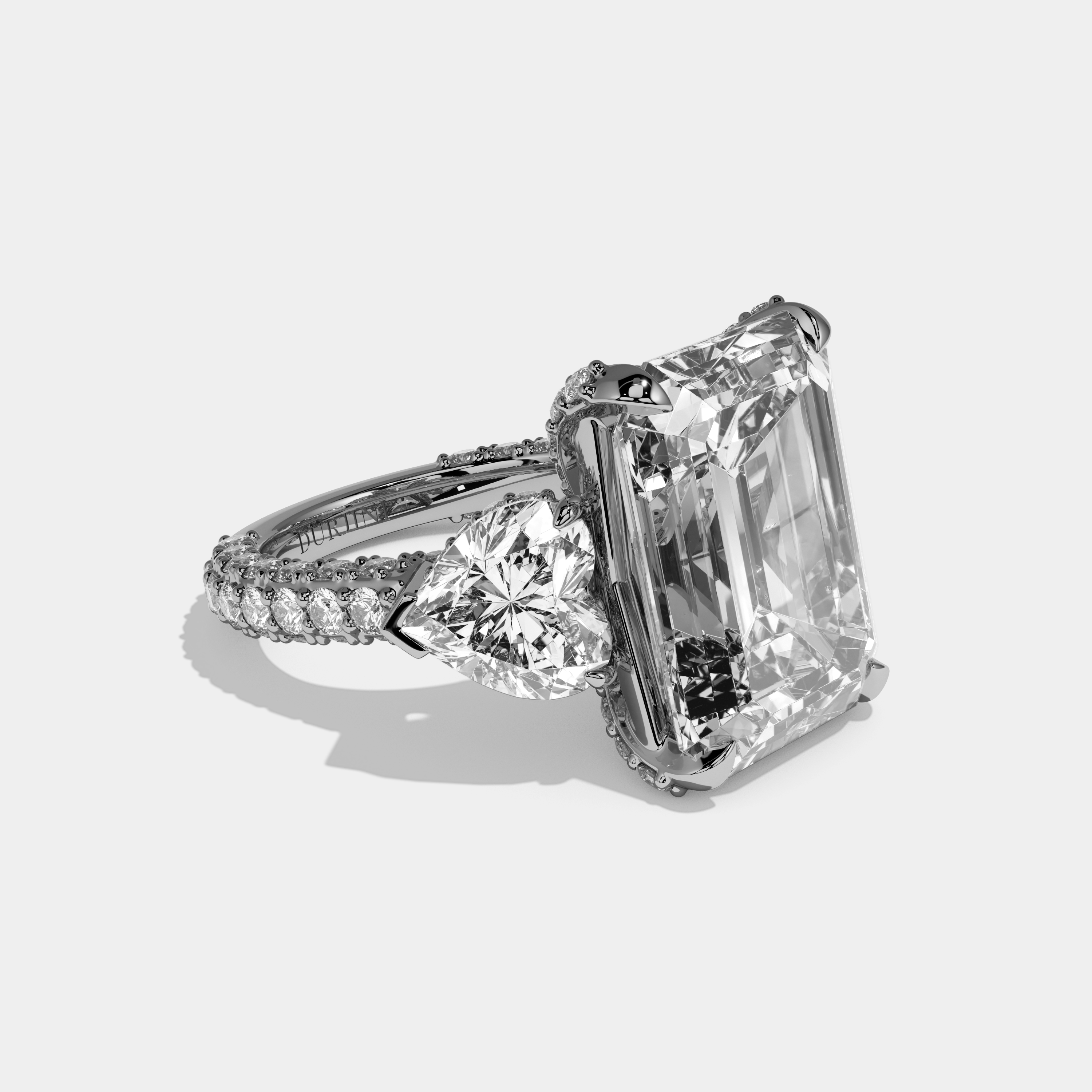 Anouk Emerald Cut Diamond Halo Engagement Ring With Twin Heart Sides 10ct 18k White Gold