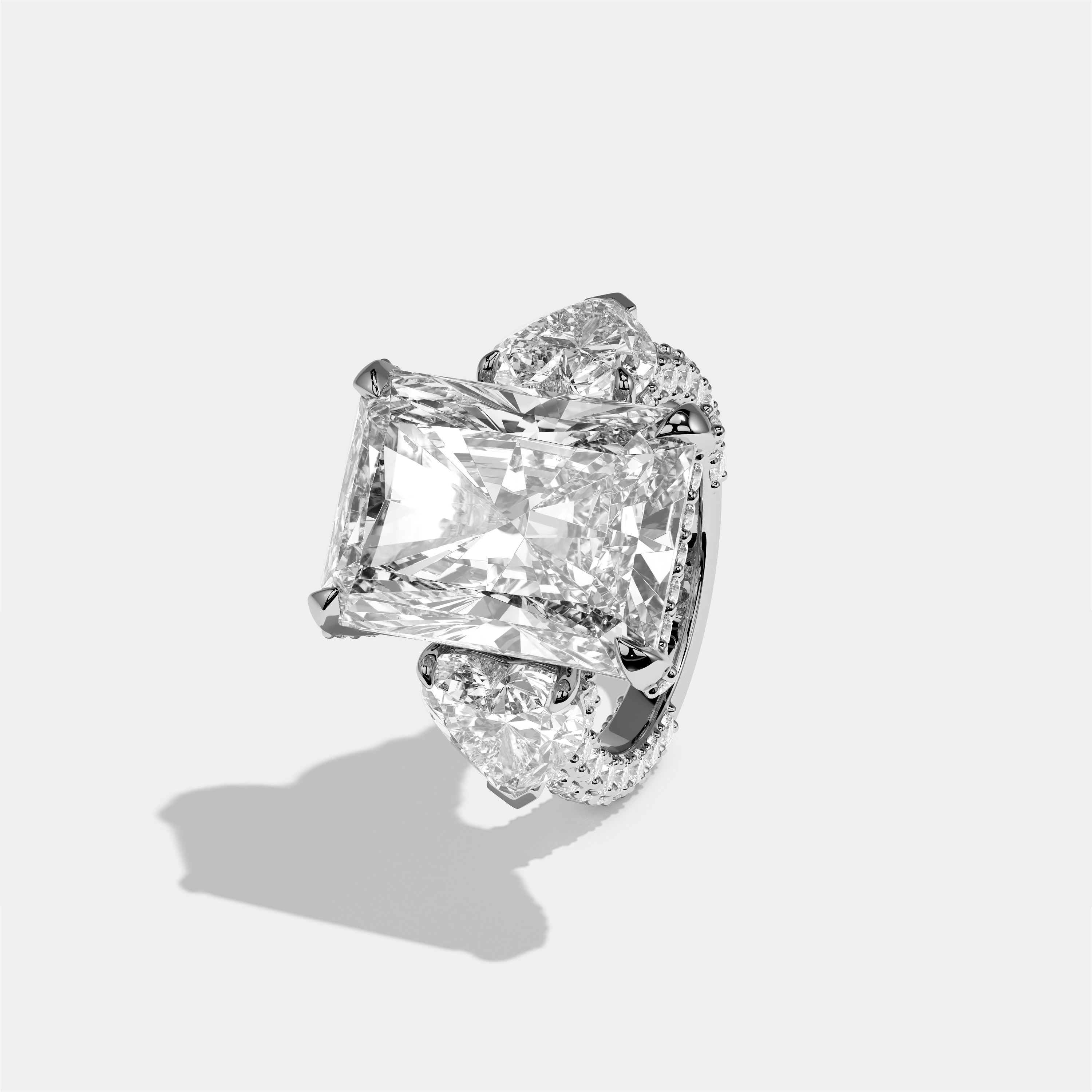 Chaya diamond radiant halo ring in 18K white gold by Kurbãni Durjini, left view