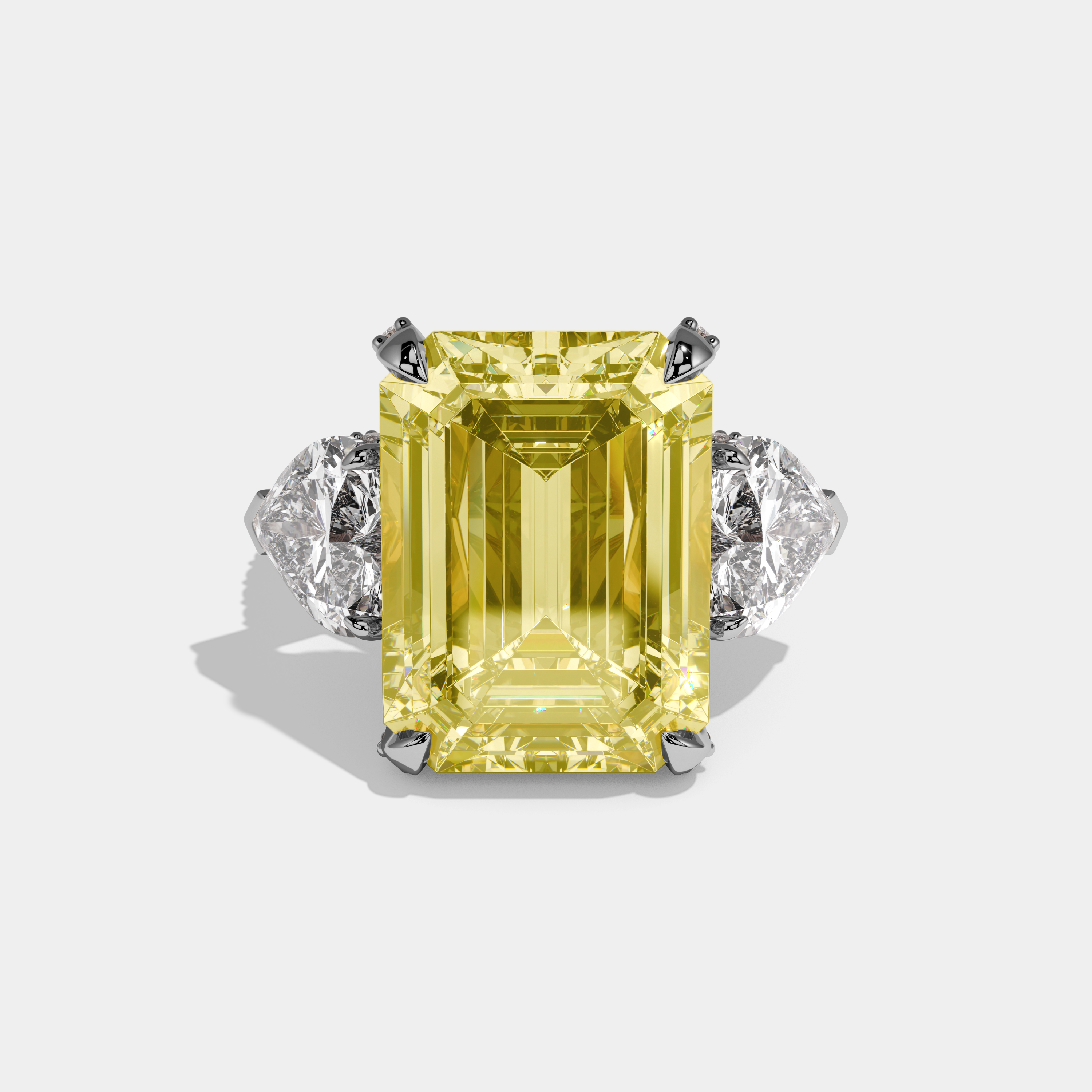 Anouk Fancy Yellow Emerald Cut Diamond Halo Engagement Ring With Twin Heart Sides 10ct 18k White Gold