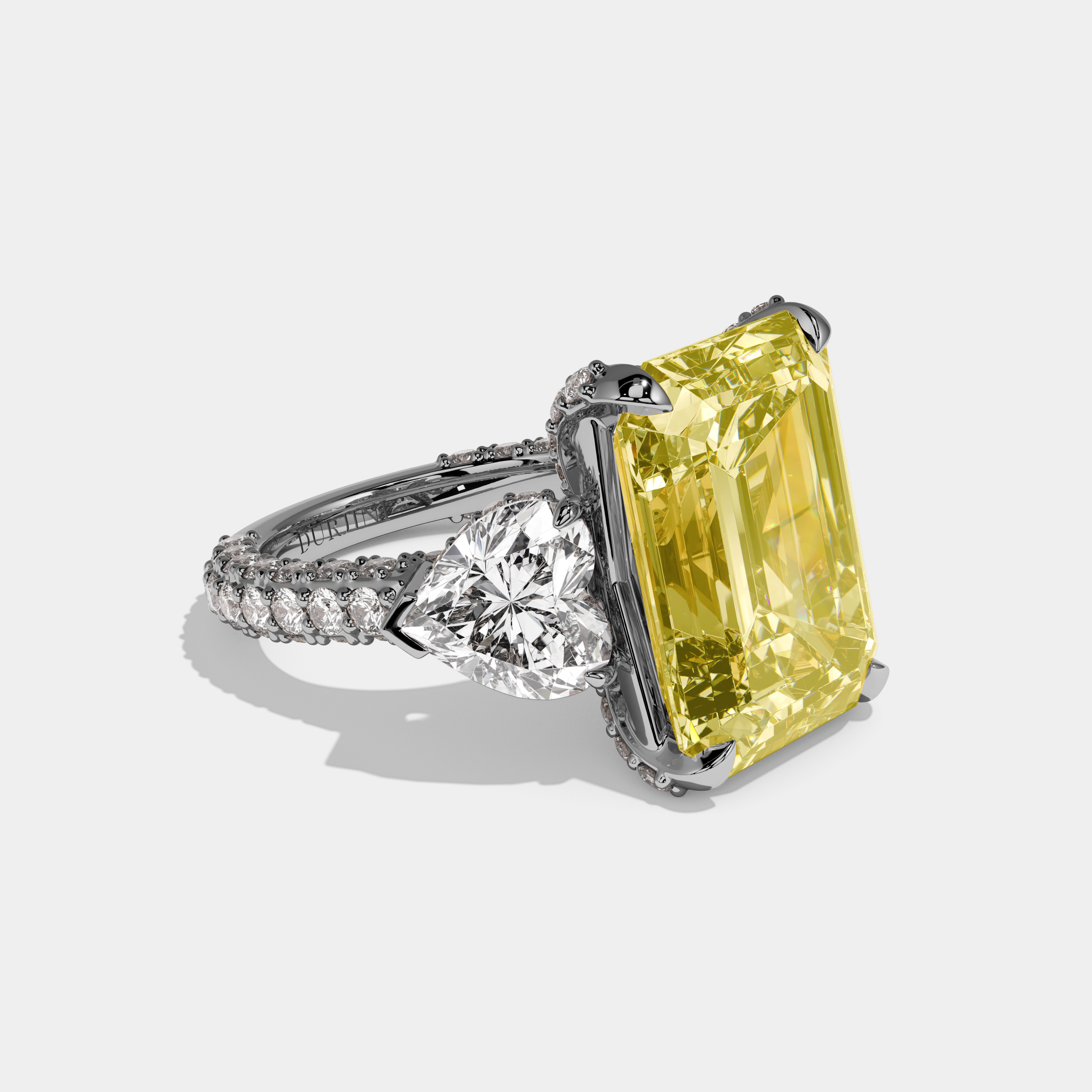 Anouk Fancy Yellow Emerald Cut Diamond Halo Engagement Ring With Twin Heart Sides 10ct 18k White Gold