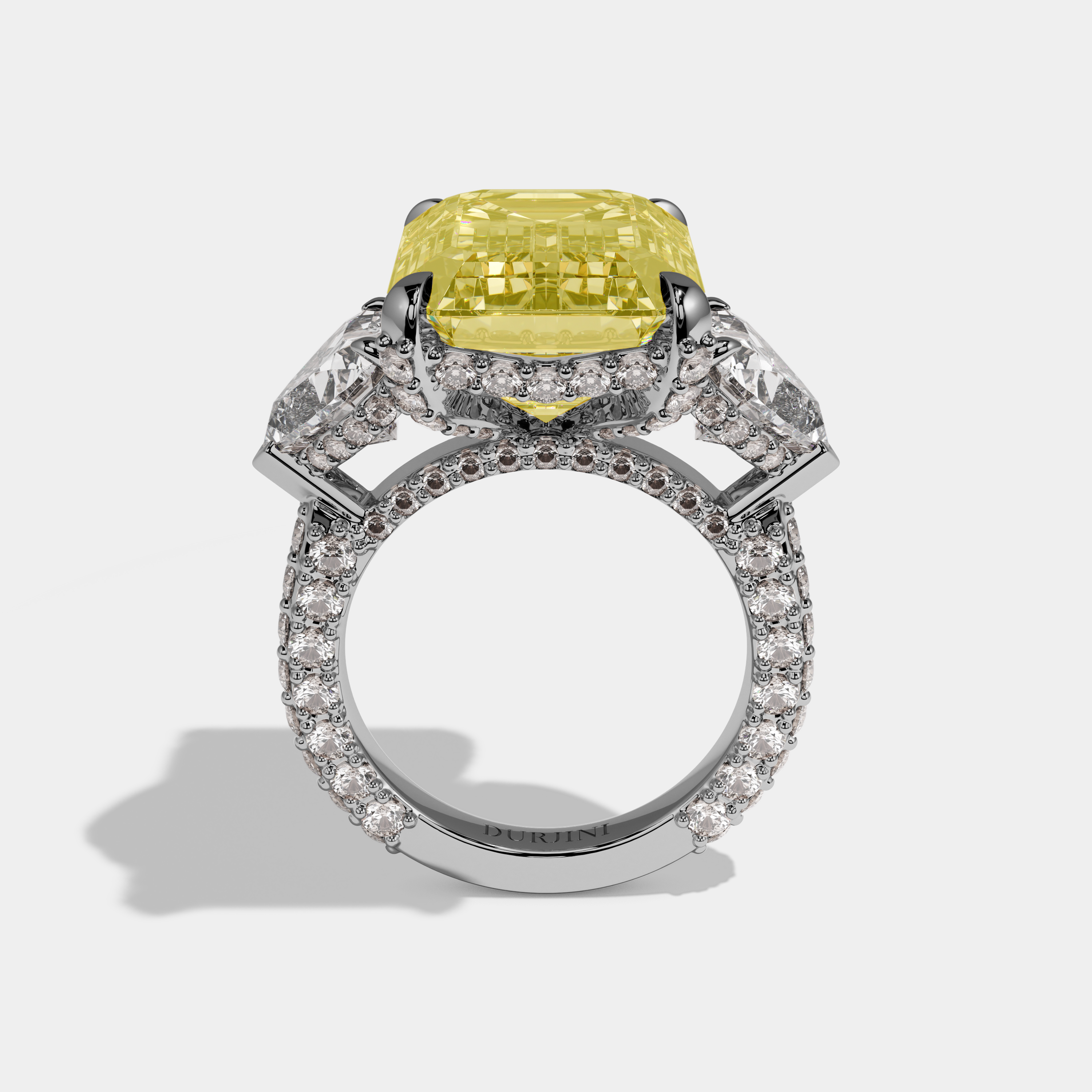 Anouk Fancy Yellow Emerald Cut Diamond Halo Engagement Ring With Twin Heart Sides 10ct 18k White Gold