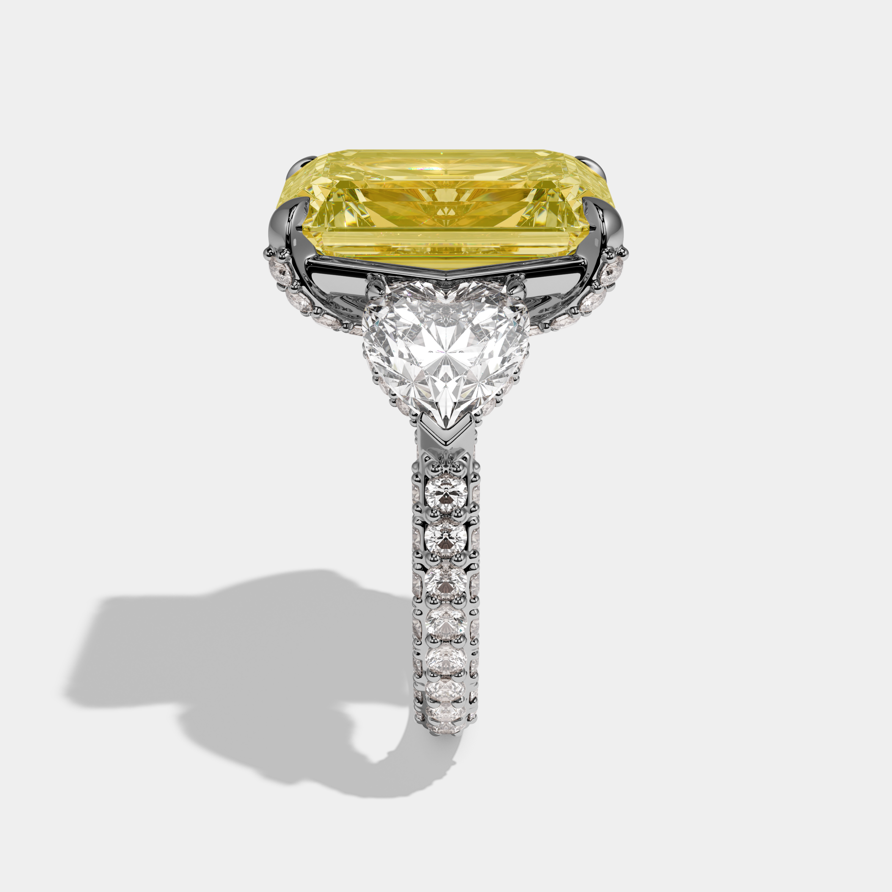 Anouk Fancy Yellow Emerald Cut Diamond Halo Engagement Ring With Twin Heart Sides 10ct 18k White Gold