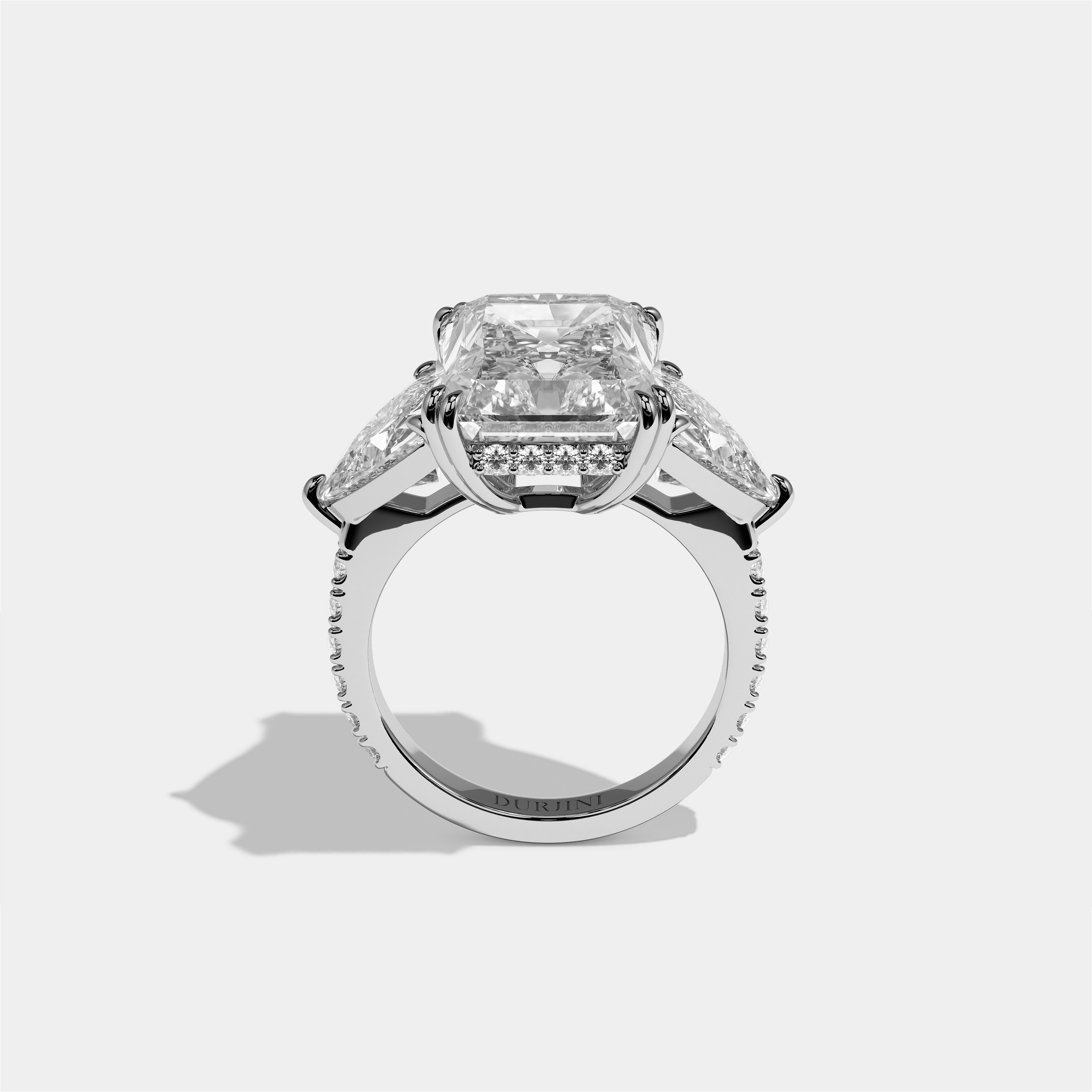 Tzipporah diamond radiant halo engagement ring in 18K white gold by Kurbãni Durjini, full view