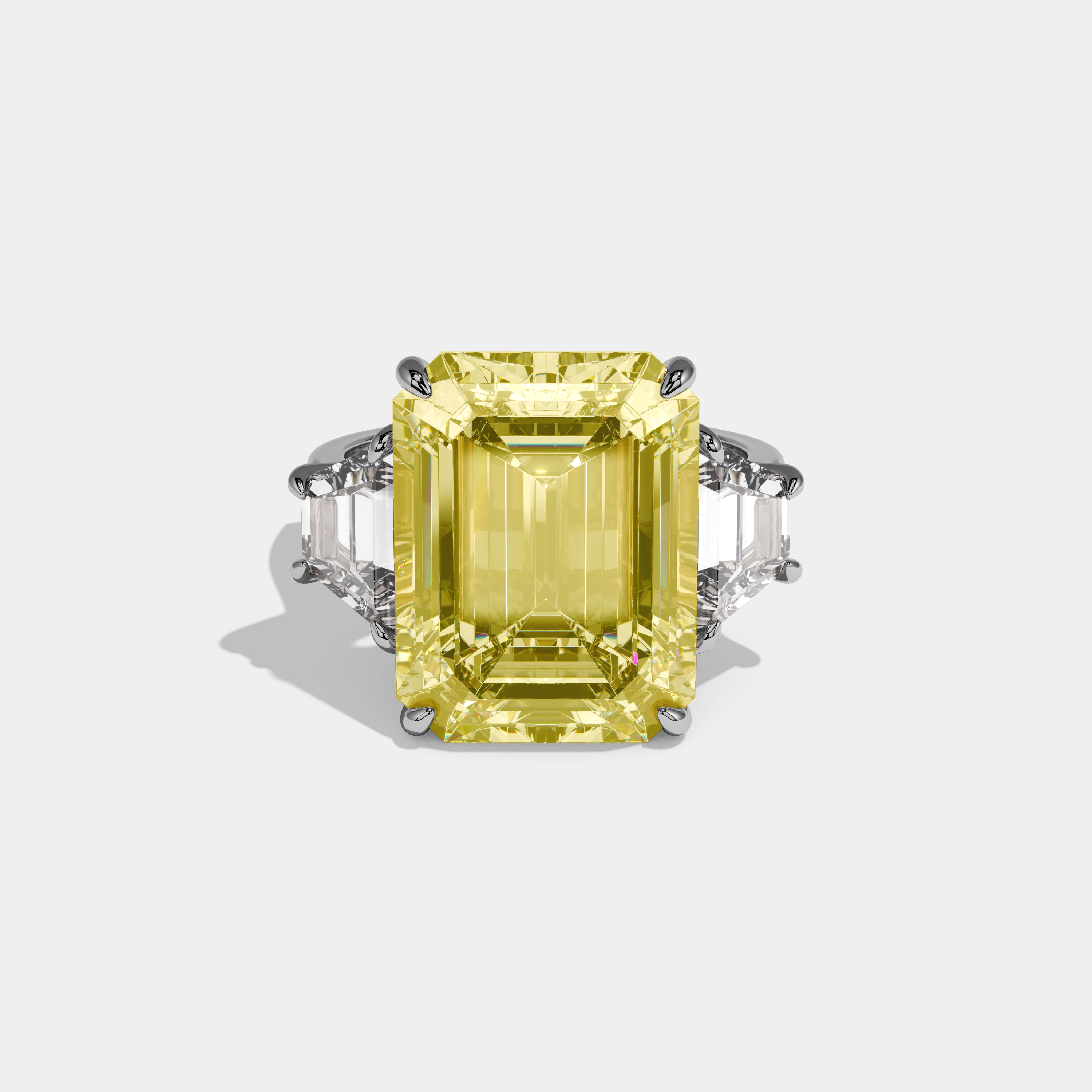 Evelina Fancy Yellow Emerald Cut Diamond Plain Band With Step Cut Sides Engagement Ring 10ct 18k White Gold