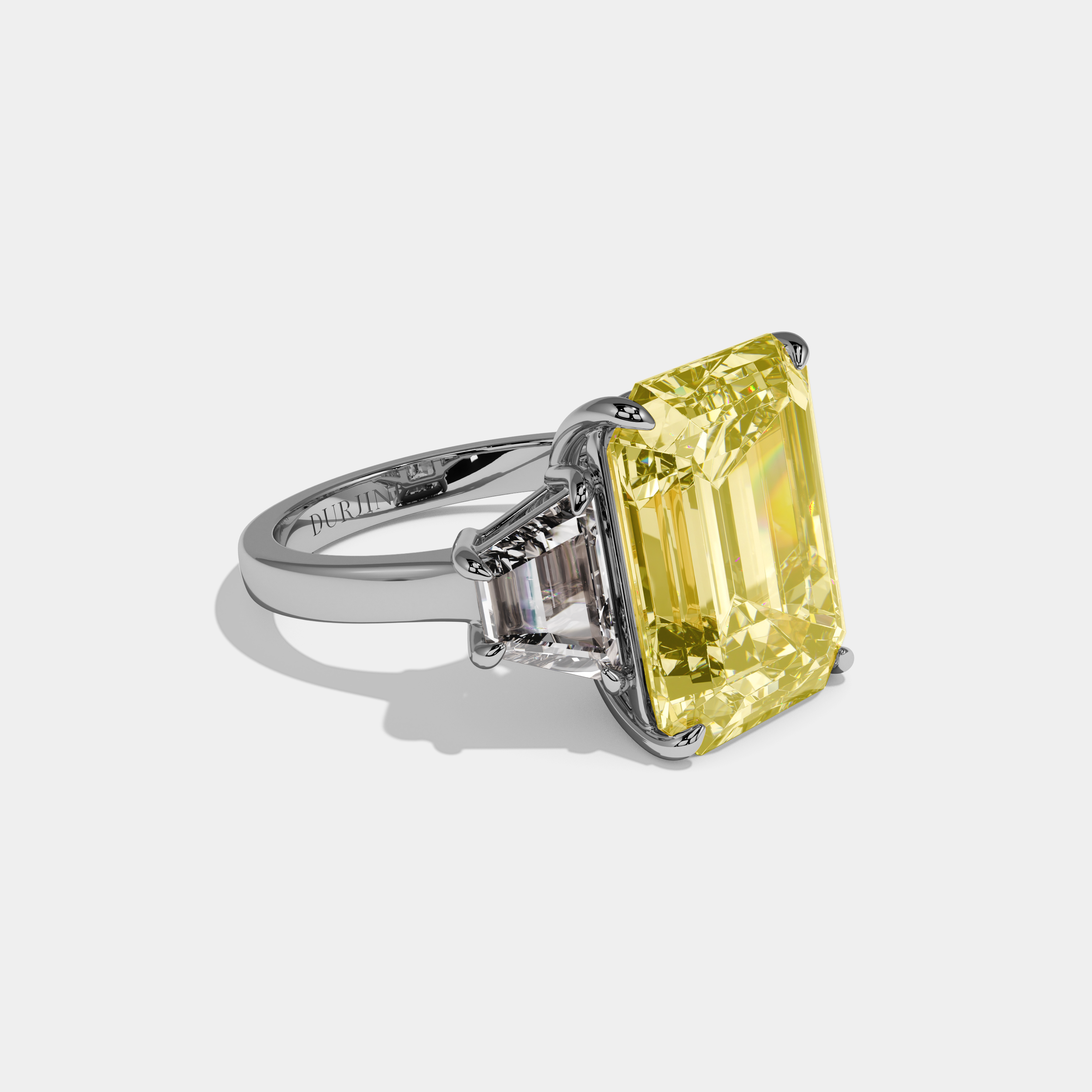 Evelina Fancy Yellow Emerald Cut Diamond Plain Band With Step Cut Sides Engagement Ring 10ct 18k White Gold
