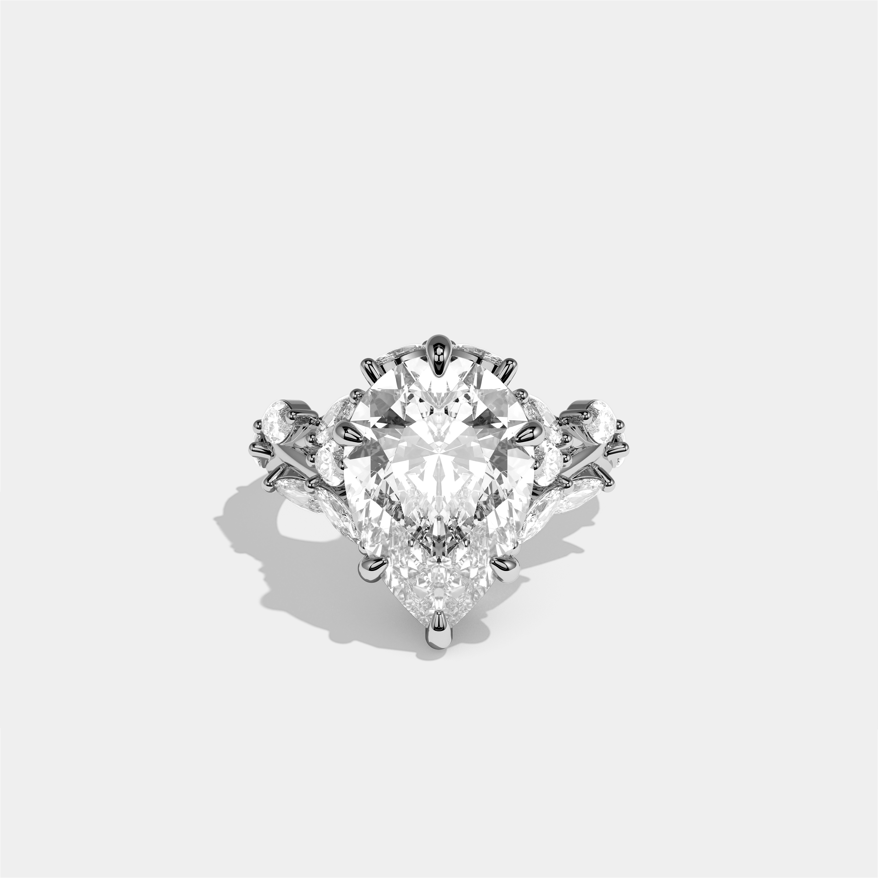 Talia diamond pear engagement ring in 18K white gold by Kurbãni Durjini, front view