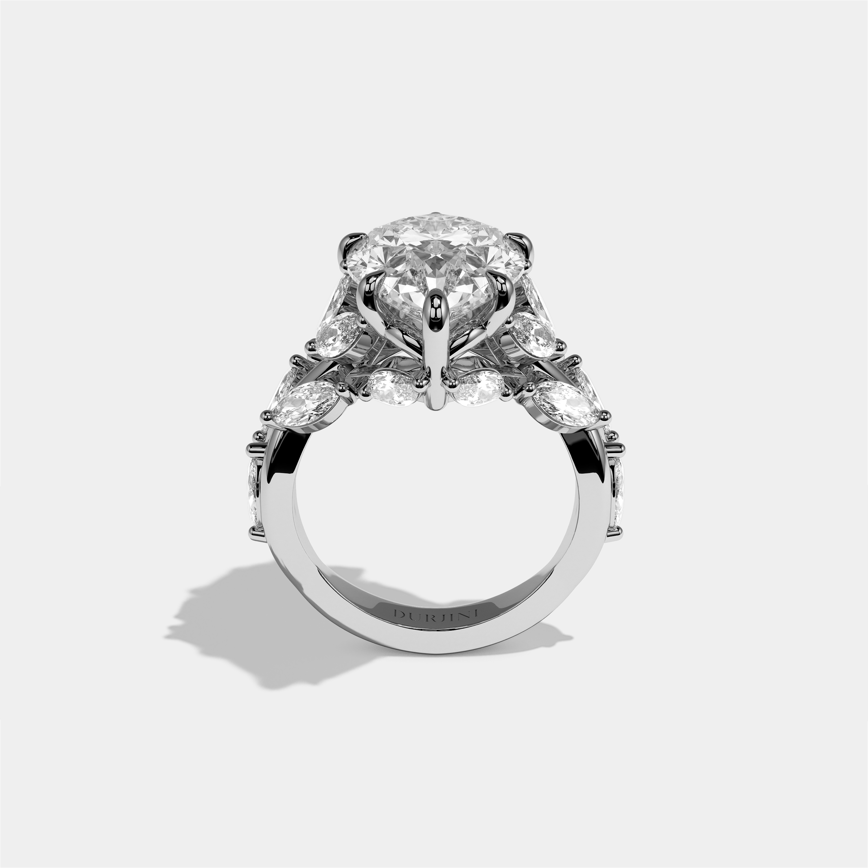 Talia diamond pear engagement ring in 18K white gold by Kurbãni Durjini, full view