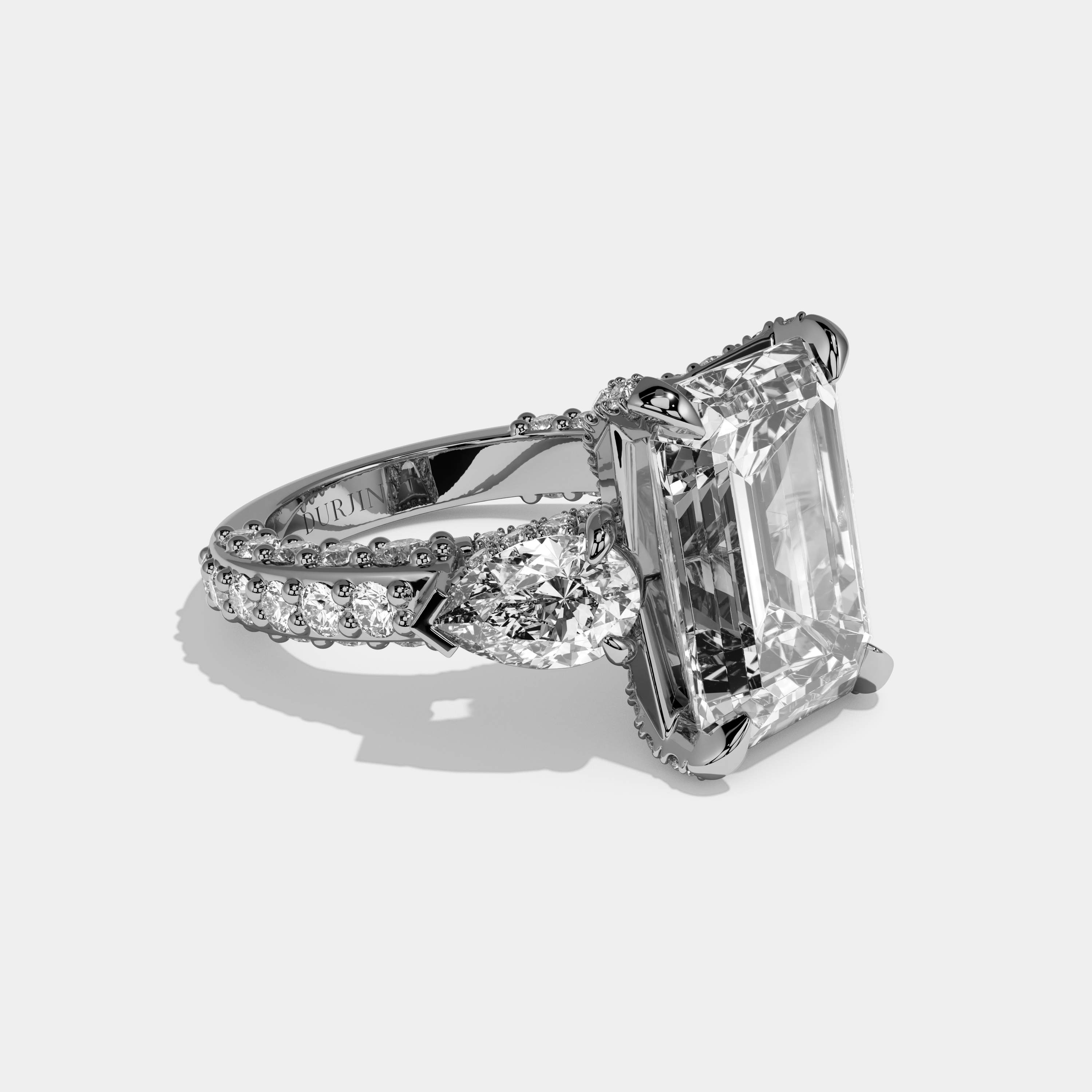 Florence Emerald Cut Diamond Halo With Pear Cut Side Diamond Band Engagement Ring 10ct 18k White Gold
