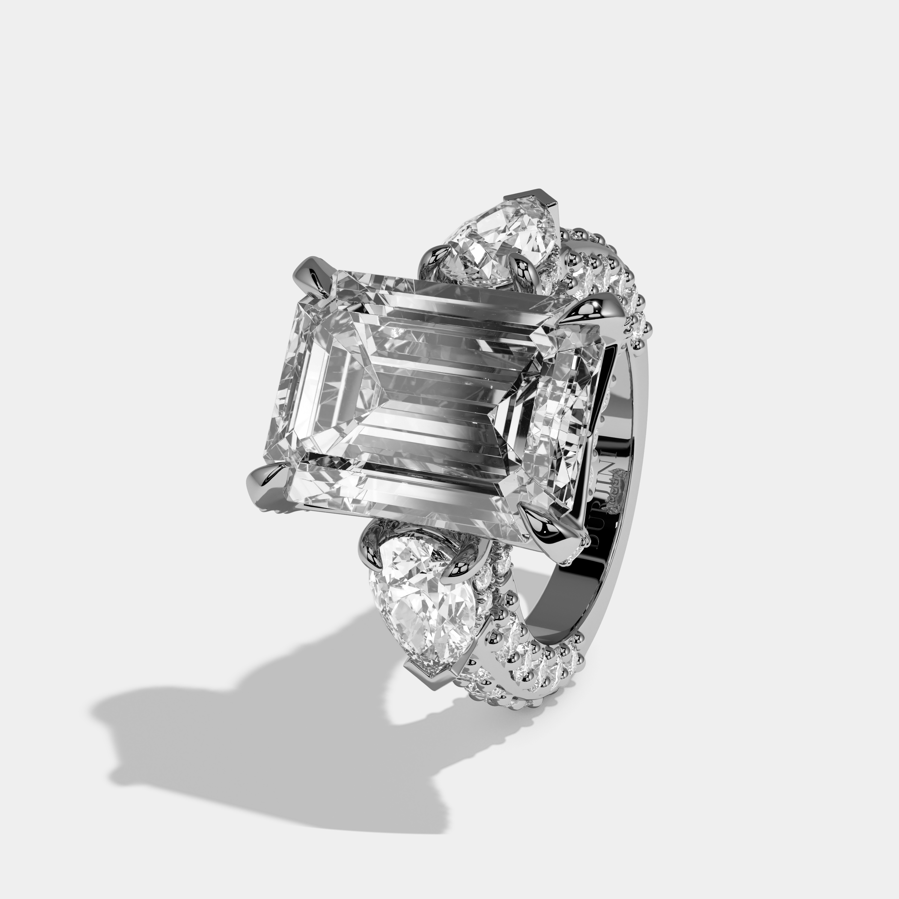 Florence Emerald Cut Diamond Halo With Pear Cut Side Diamond Band Engagement Ring 10ct 18k White Gold