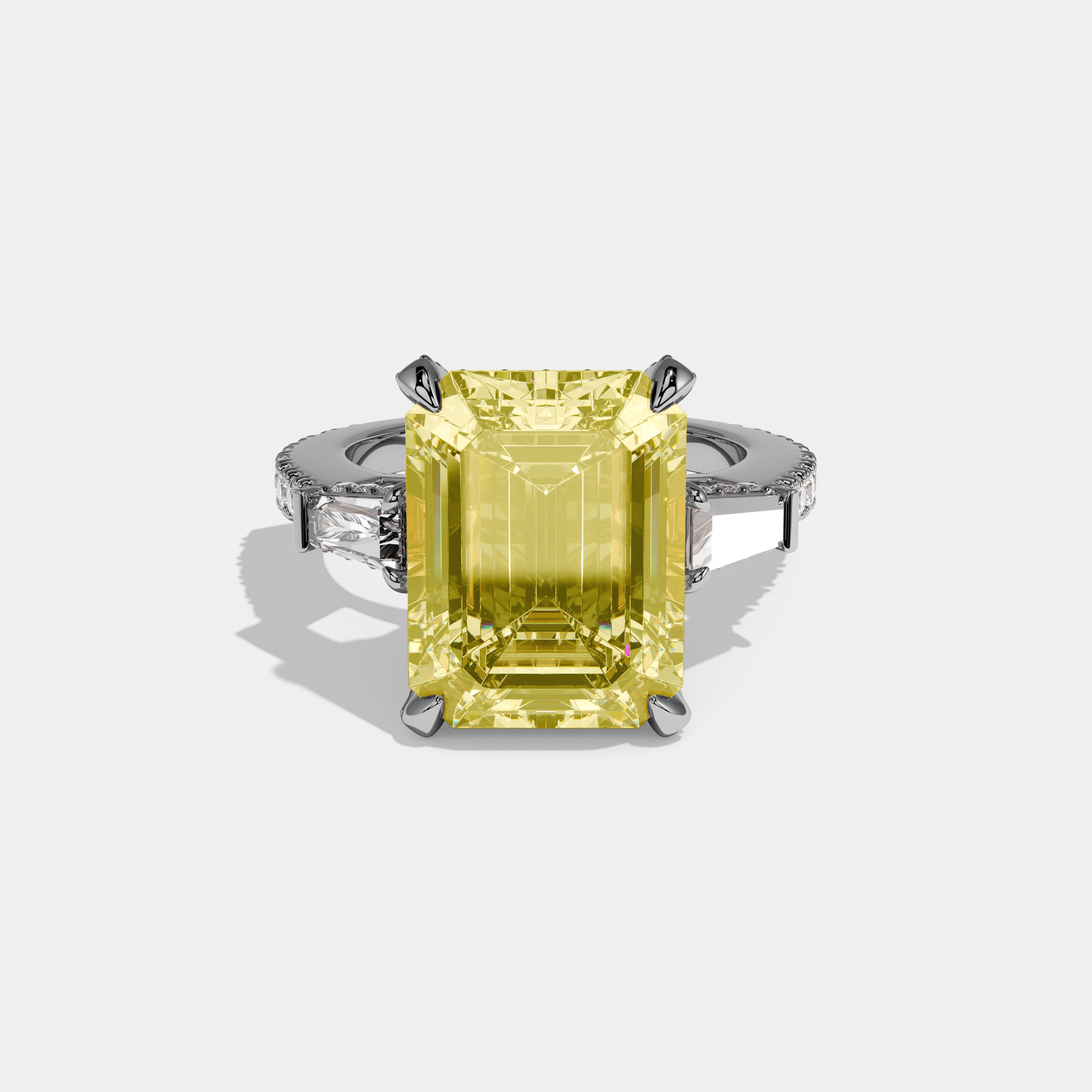 Rosalina Fancy Yellow Emerald Cut Diamond Halo Band With Twin Baguette Sides Engagement Ring 8ct 18k White Gold