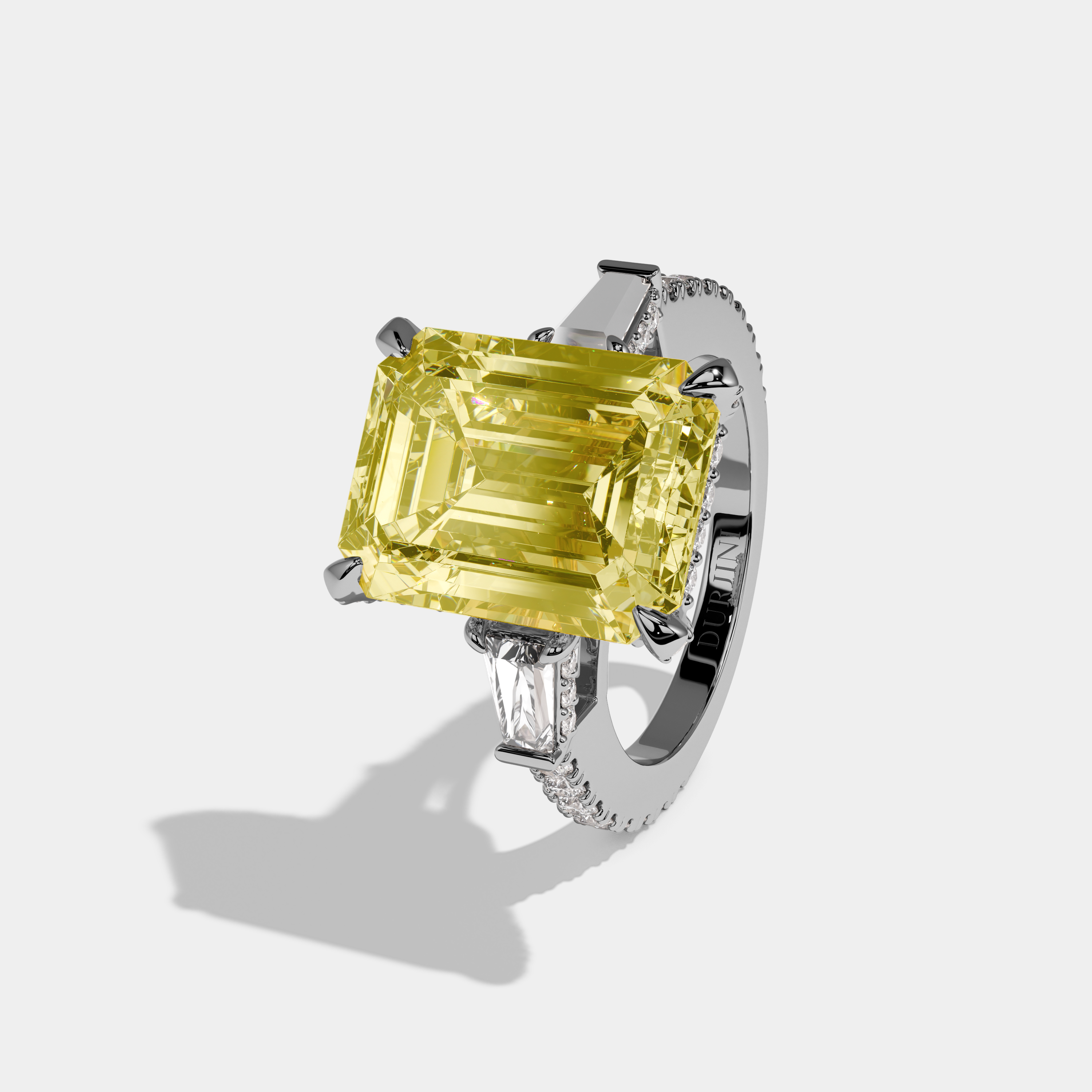 Rosalina Fancy Yellow Emerald Cut Diamond Halo Band With Twin Baguette Sides Engagement Ring 8ct 18k White Gold