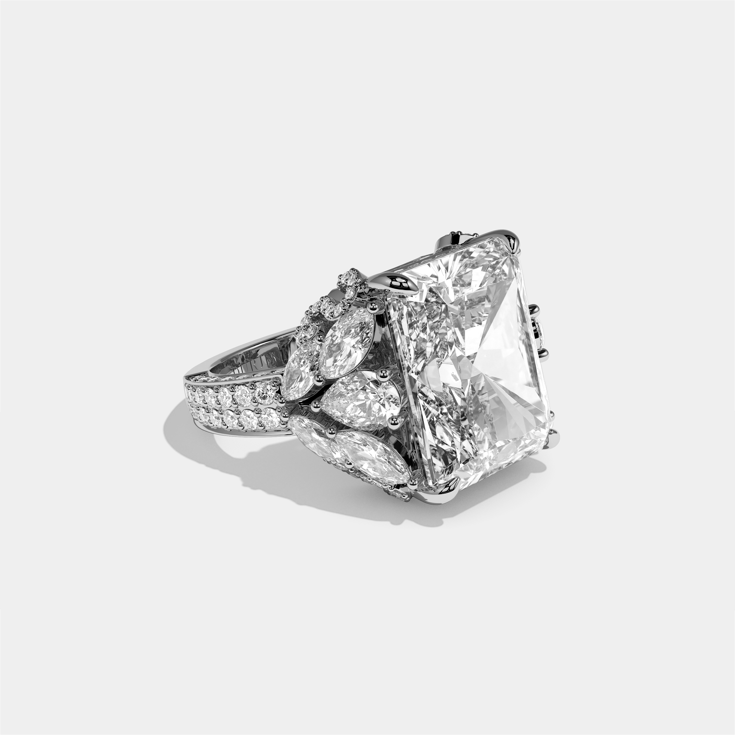 Keren diamond radiant halo engagement ring in 18K white gold by Kurbãni Durjini, right view