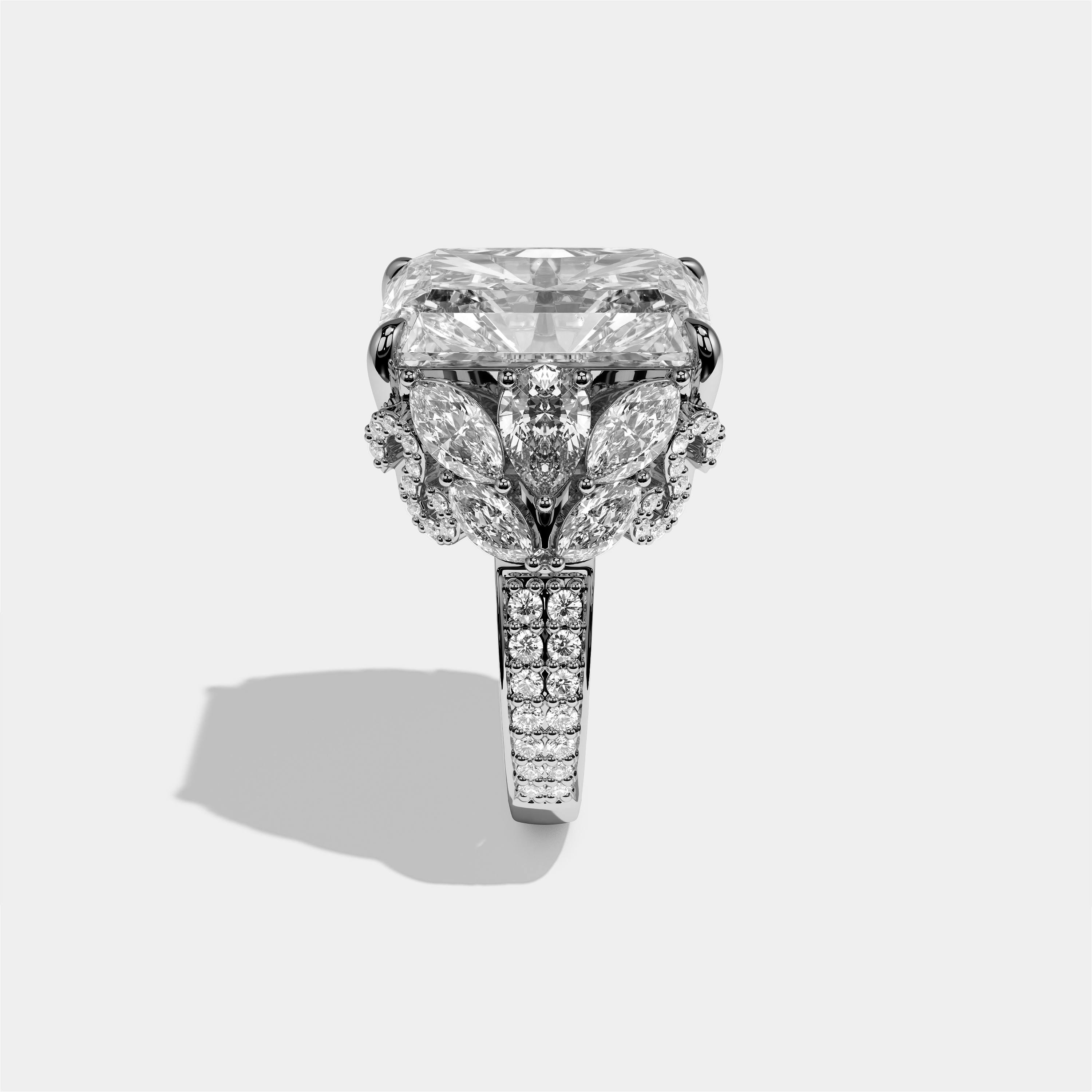 Keren diamond radiant halo engagement ring in 18K white gold by Kurbãni Durjini, side view