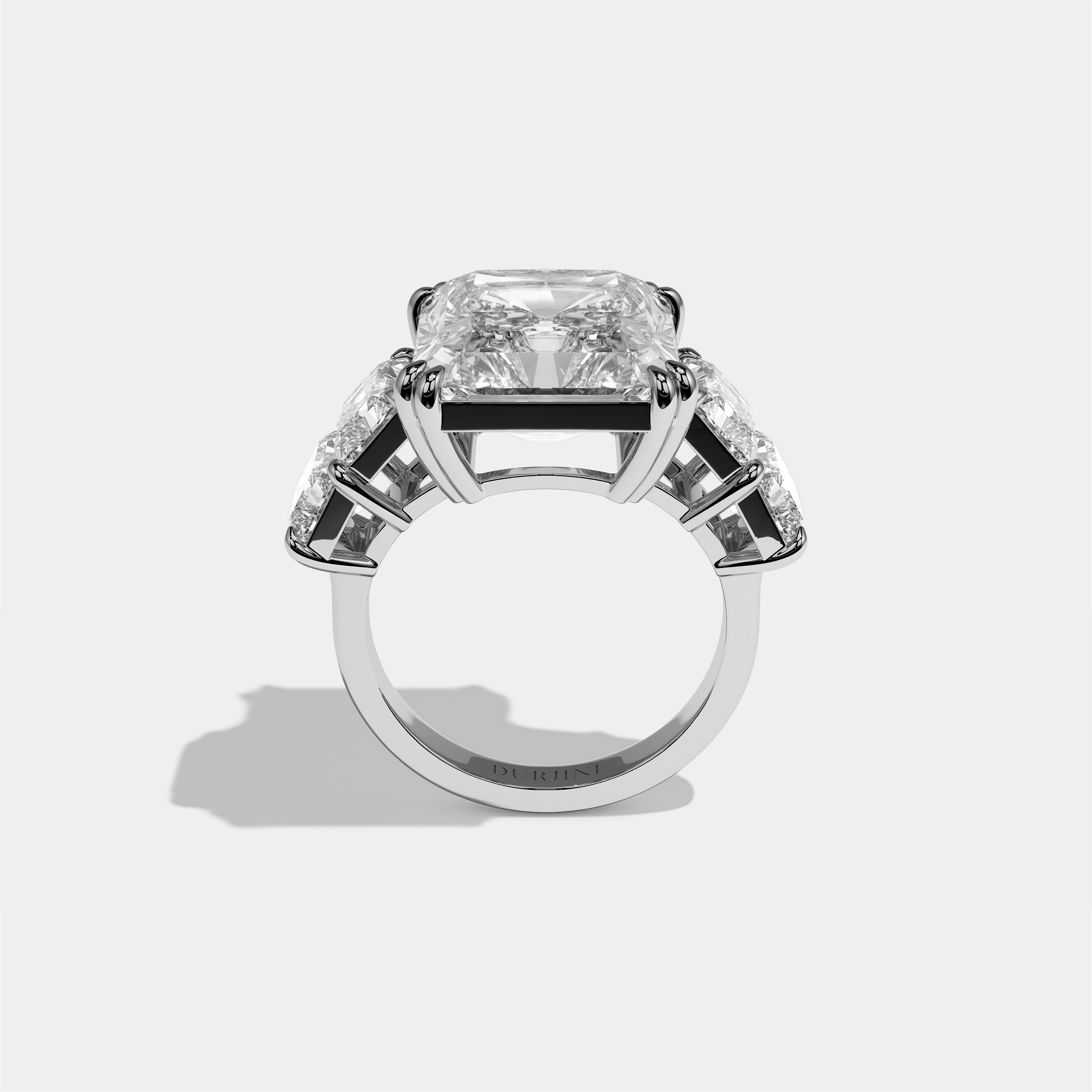 Hila diamond radiant halo engagement ring in 18K white gold by Kurbãni Durjini, full view