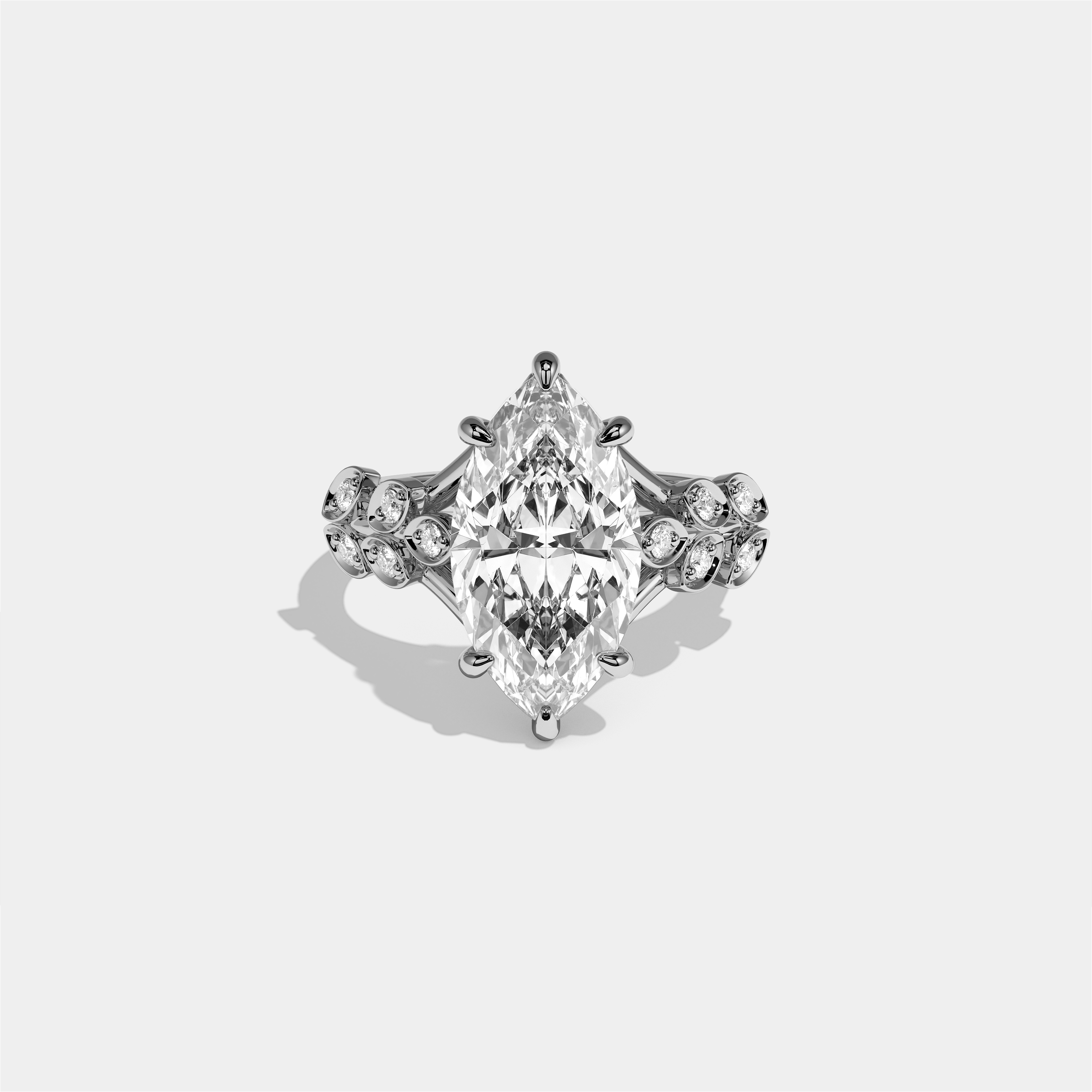 Aurisse Eclat diamond marquise halo engagement ring in 18K white gold by Kurbãni Durjini, front view