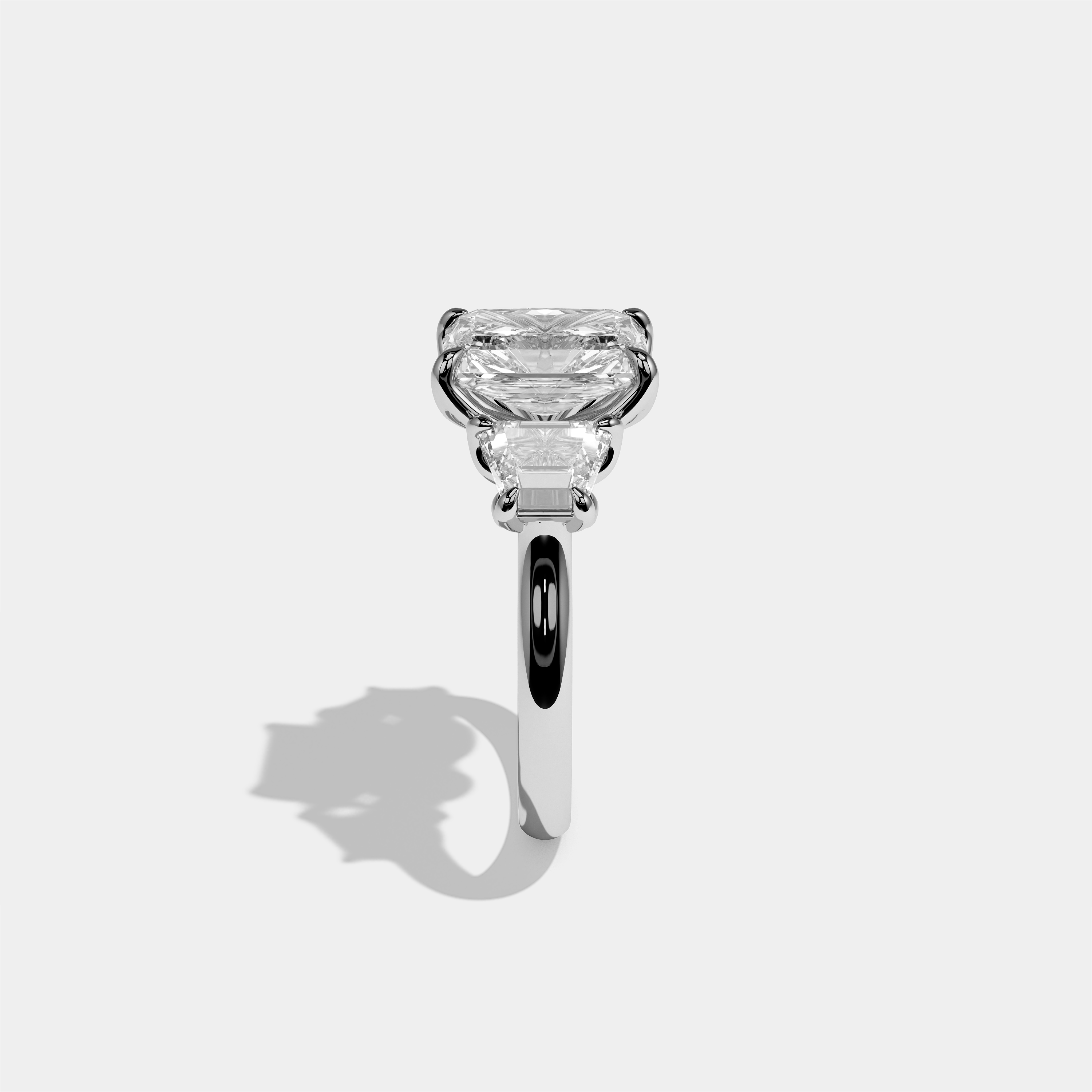 Yehudit diamond radiant halo engagement ring in 18K white gold by Kurbãni Durjini, side view
