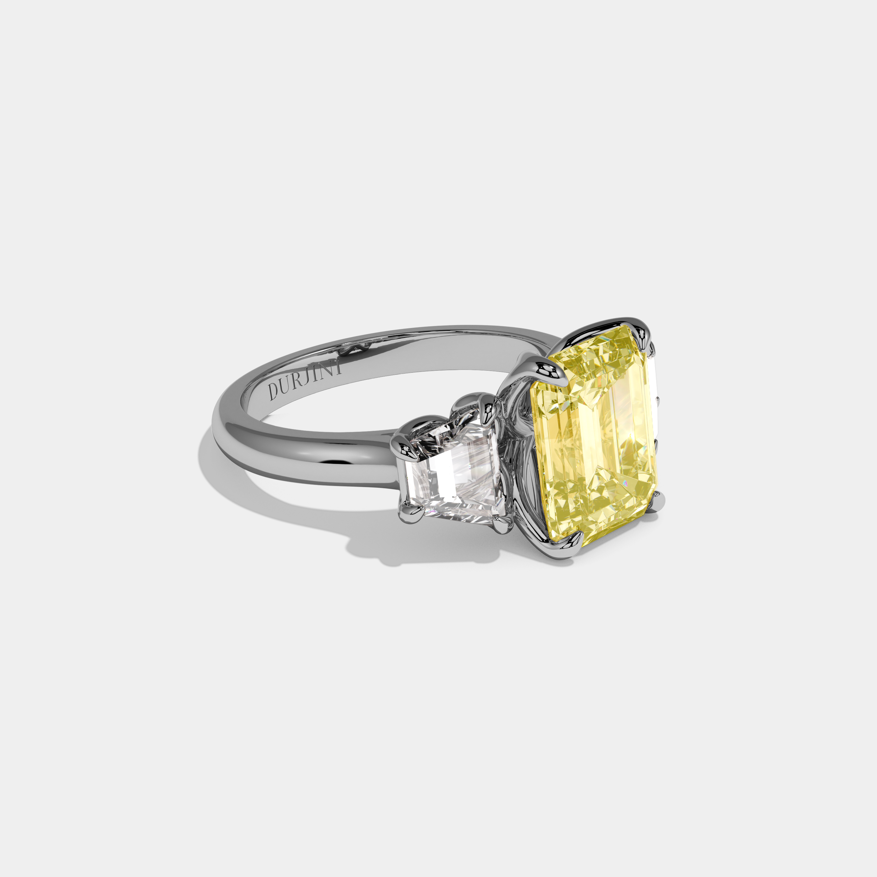 Cordelia Fancy Yellow Emerald Cut Diamond Halo Plain Band With Trapezoid sides Engagement Ring 8ct 18k White Gold