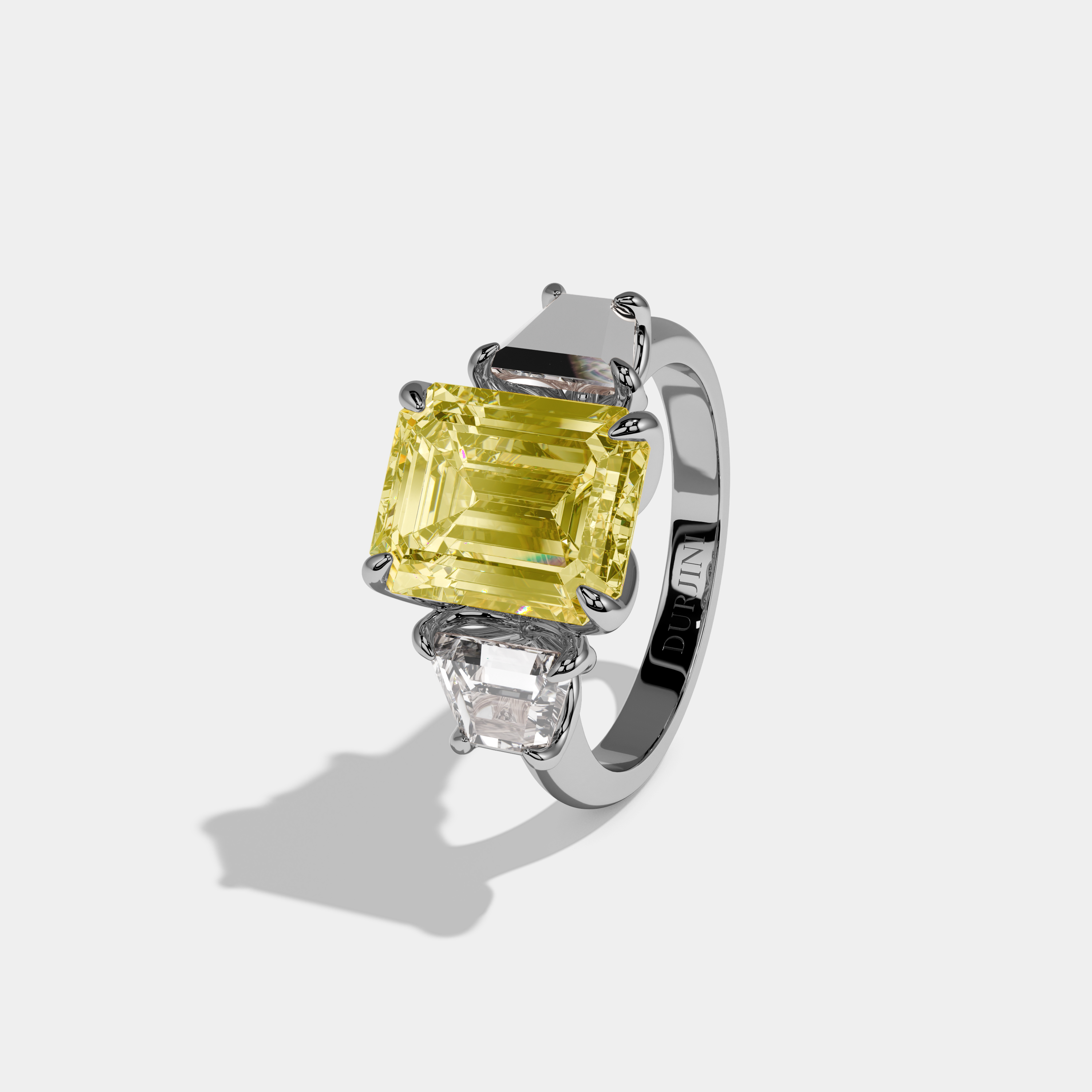 Cordelia Fancy Yellow Emerald Cut Diamond Halo Plain Band With Trapezoid sides Engagement Ring 8ct 18k White Gold