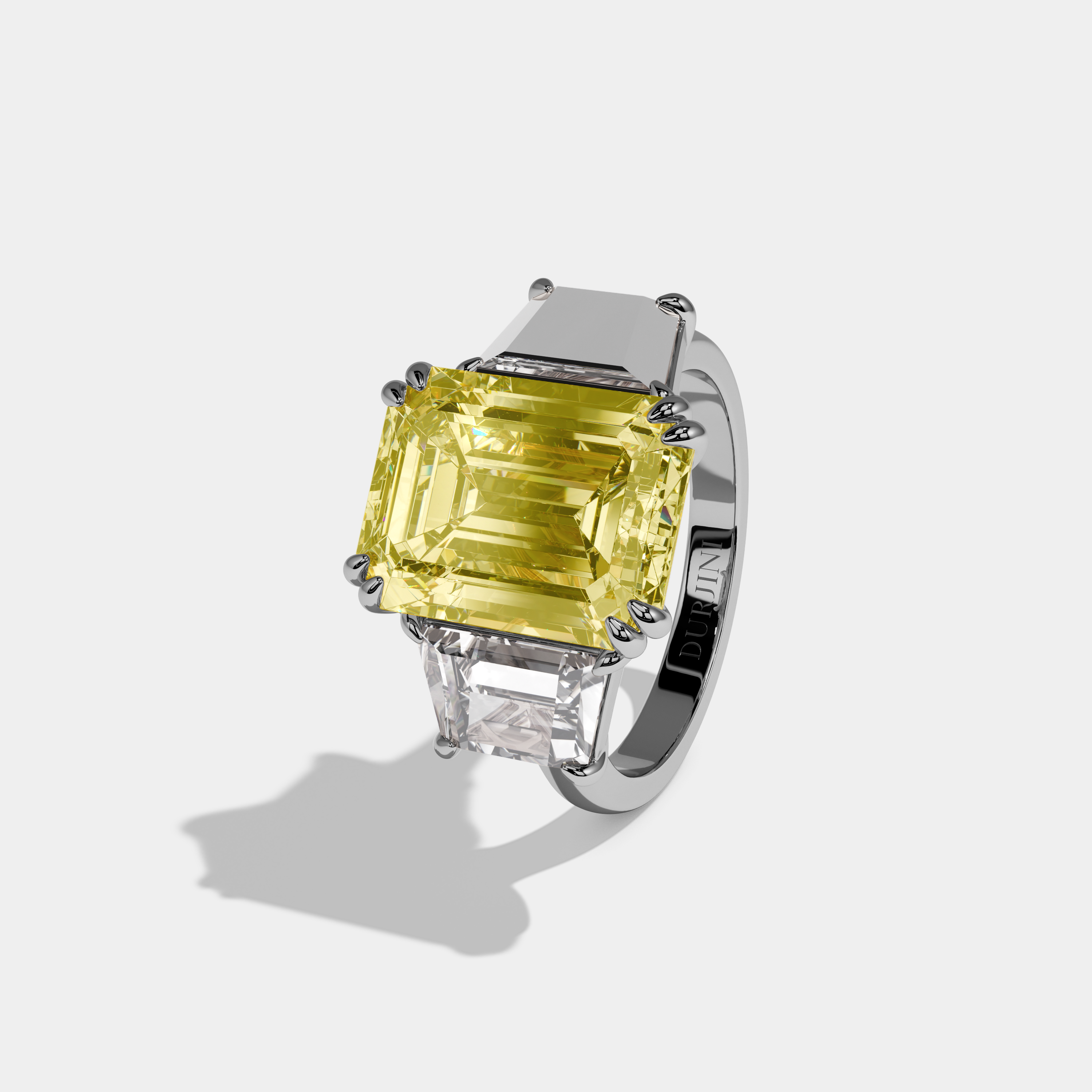Seraphina Fancy Yellow Emerald Cut Diamond Halo Plain Band With Twin Stepcut Sides Engagement Ring 8ct 18k White Gold