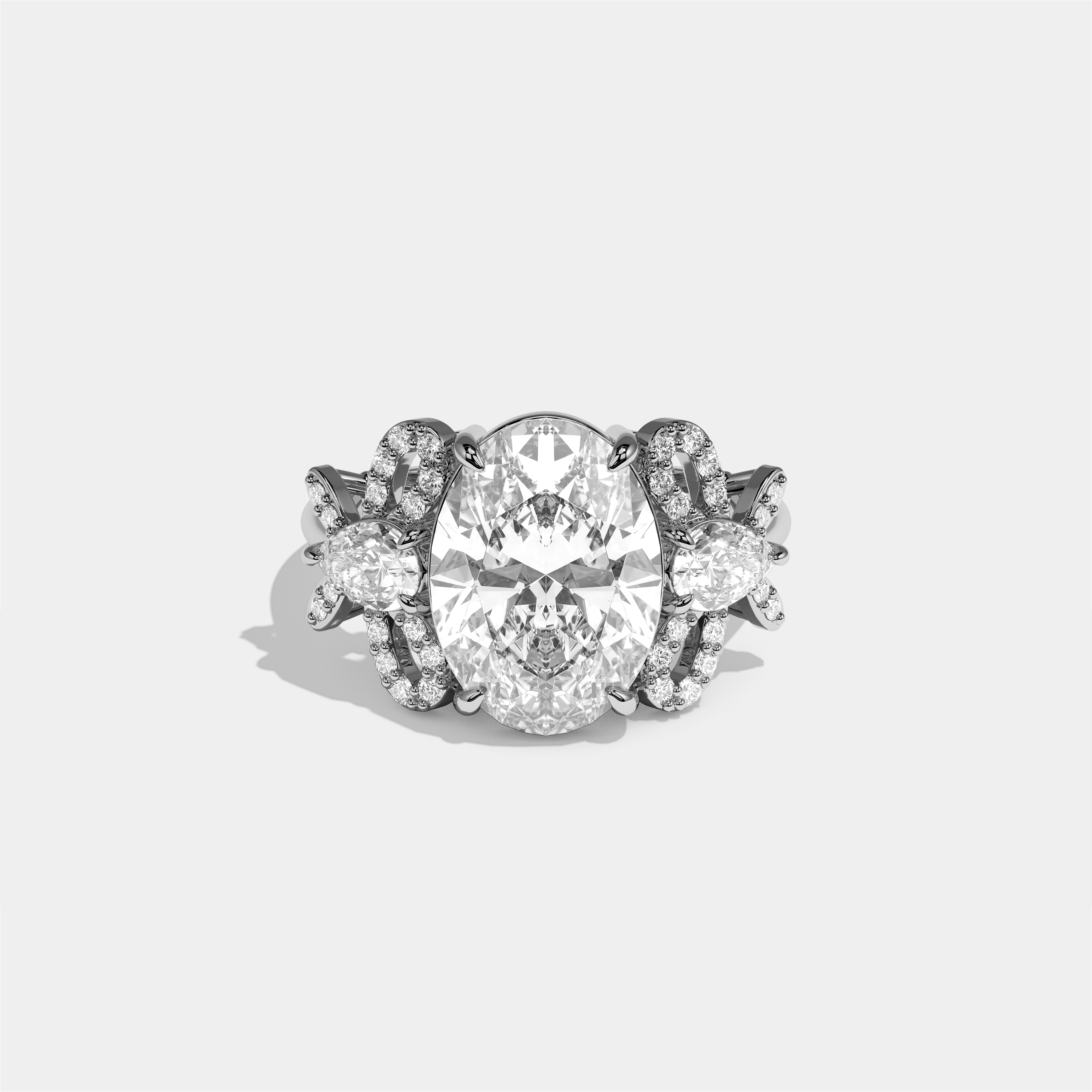 Malkah diamond oval halo engagement ring in 18K white gold by Kurbãni Durjini, front view