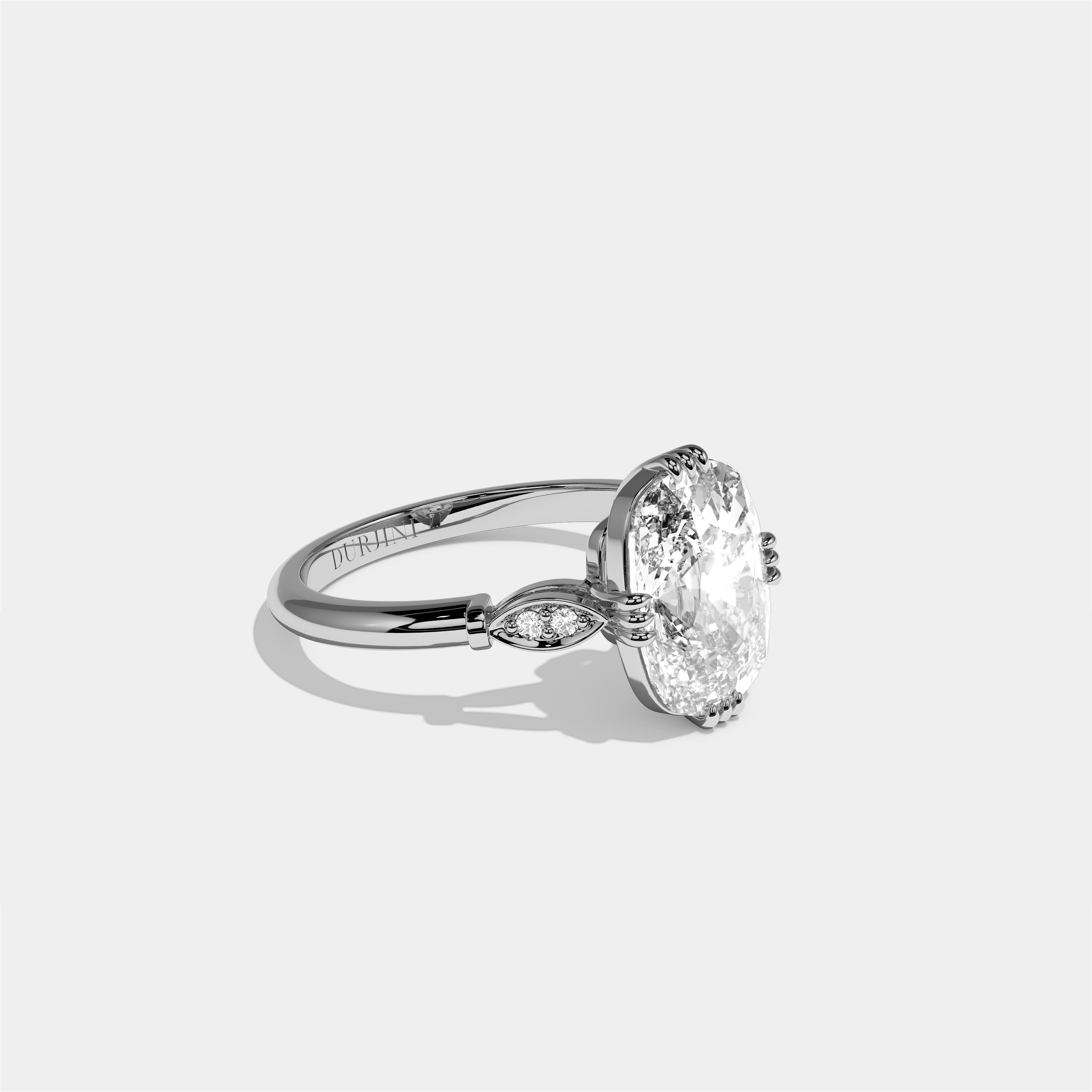 Ayala diamond cushion halo engagement ring in 18K white gold by Kurbãni Durjini, right view