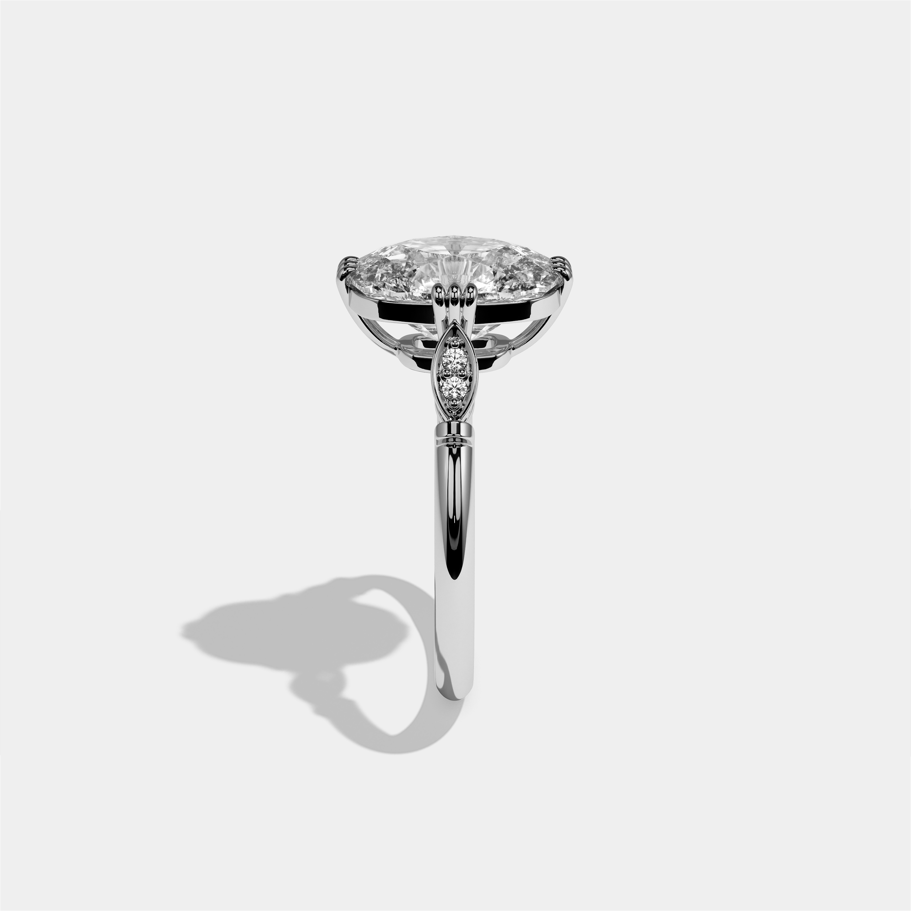Ayala diamond cushion halo engagement ring in 18K white gold by Kurbãni Durjini, side view