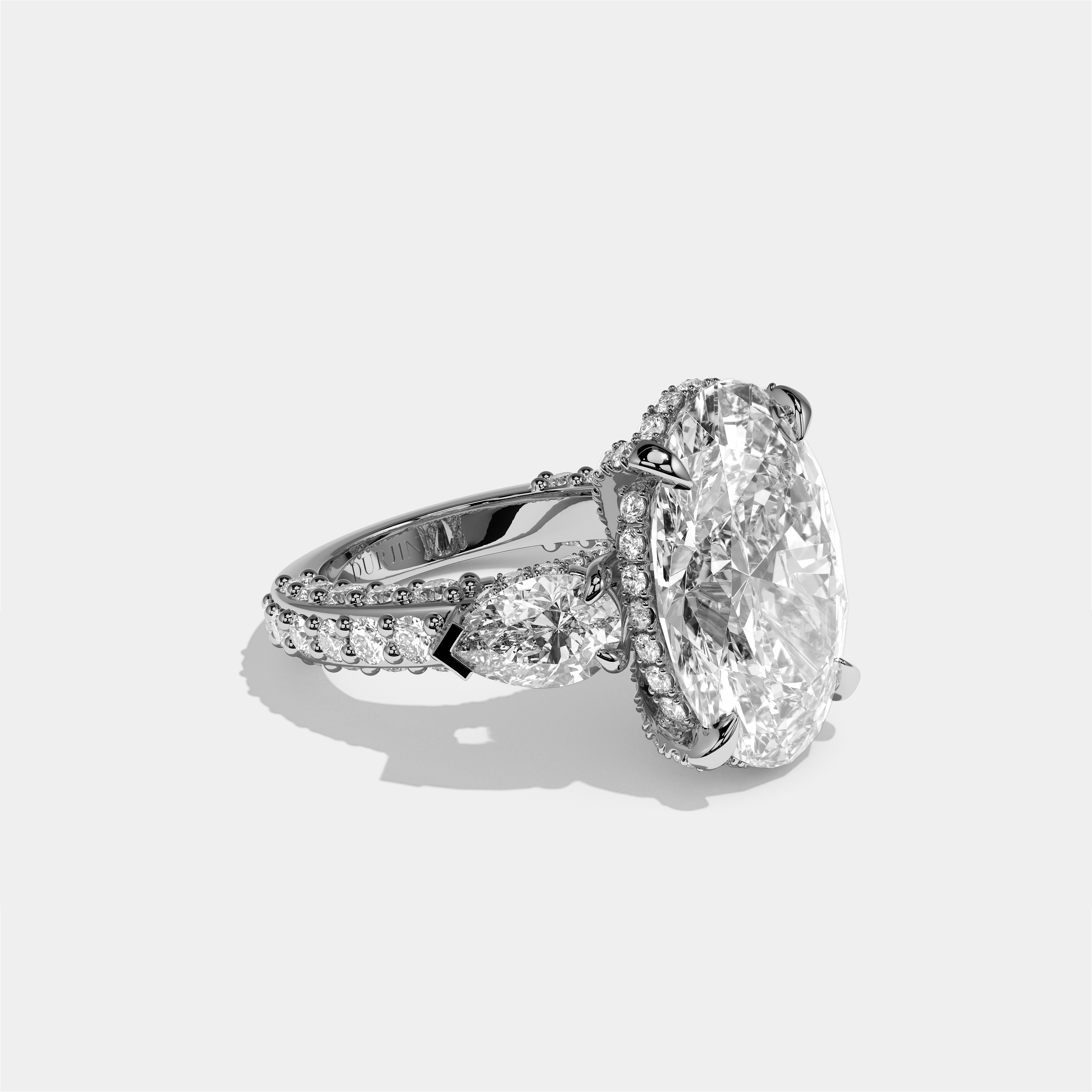 Shira diamond oval halo engagement ring in 18K white gold by Kurbãni Durjini, right view