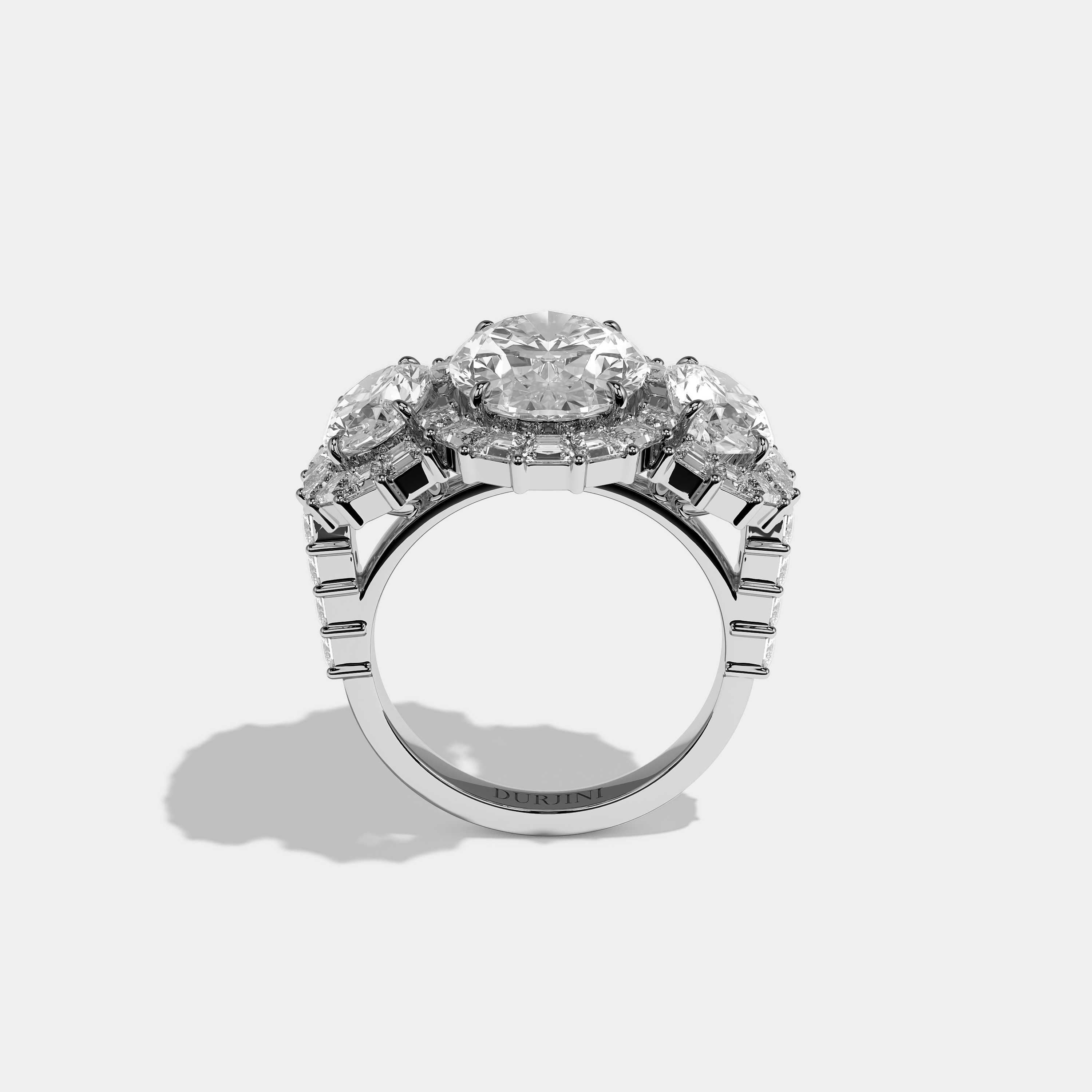 Shira diamond oval halo engagement ring in 18K white gold by Kurbãni Durjini, full view
