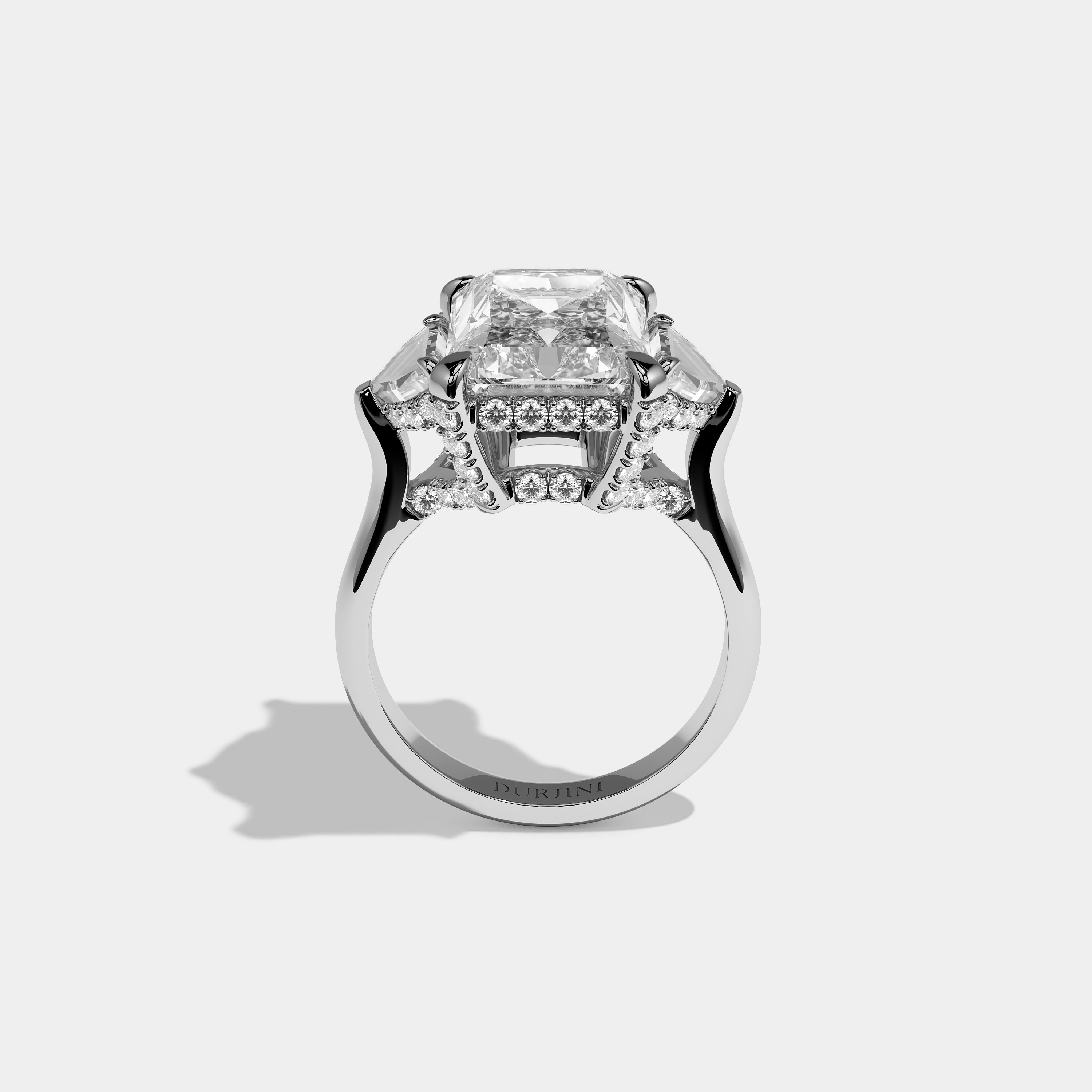 Nora diamond radiant halo engagement ring in 18K white gold by Kurbãni Durjini, full view