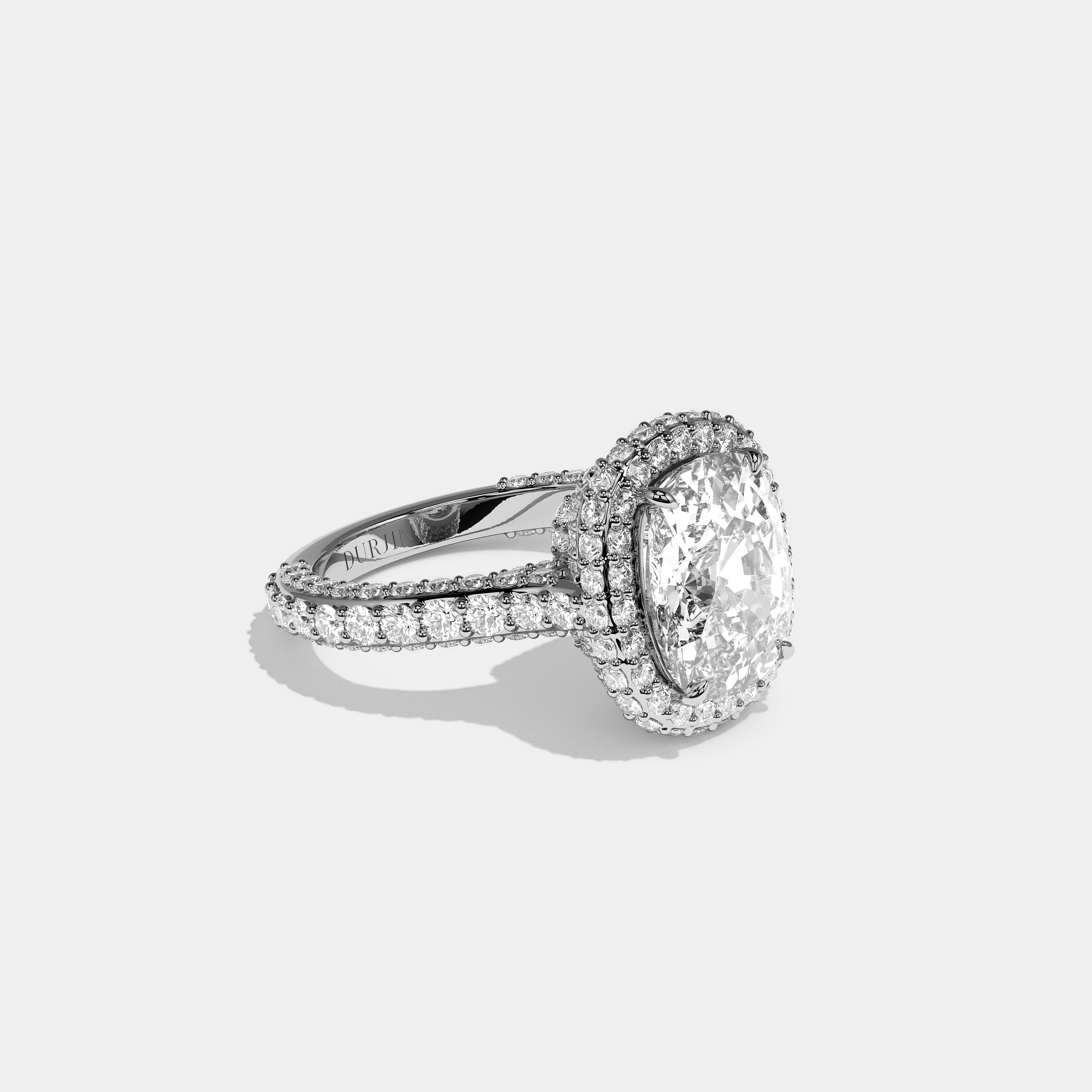 Shira diamond cushion halo engagement ring in 18K white gold by Kurbãni Durjini, right view