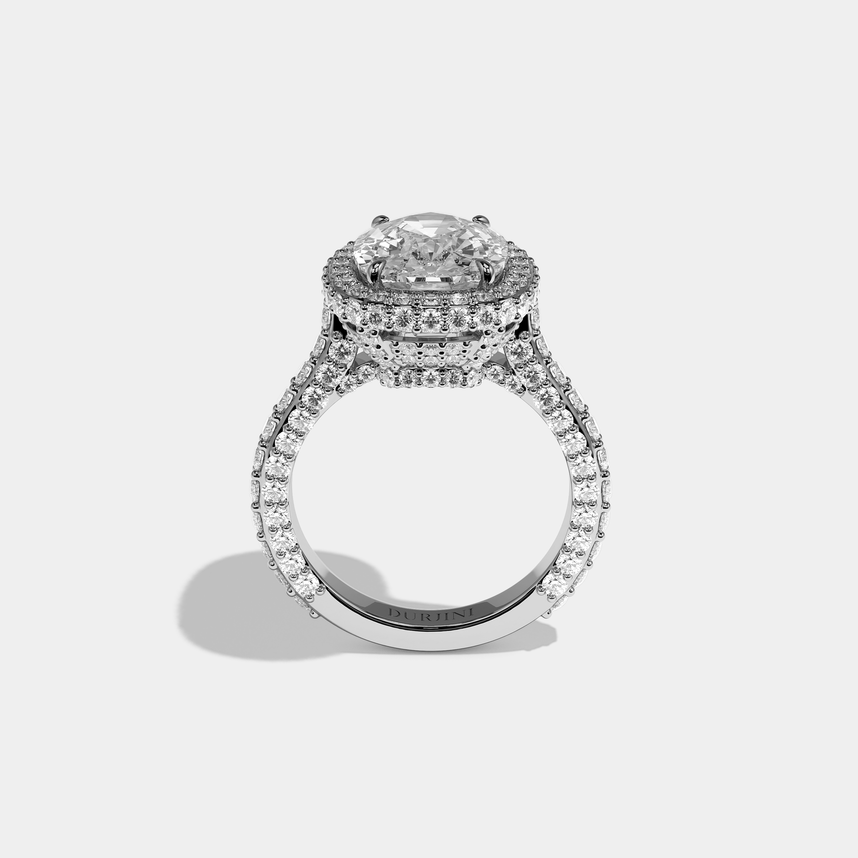 Shira diamond cushion halo engagement ring in 18K white gold by Kurbãni Durjini, full view