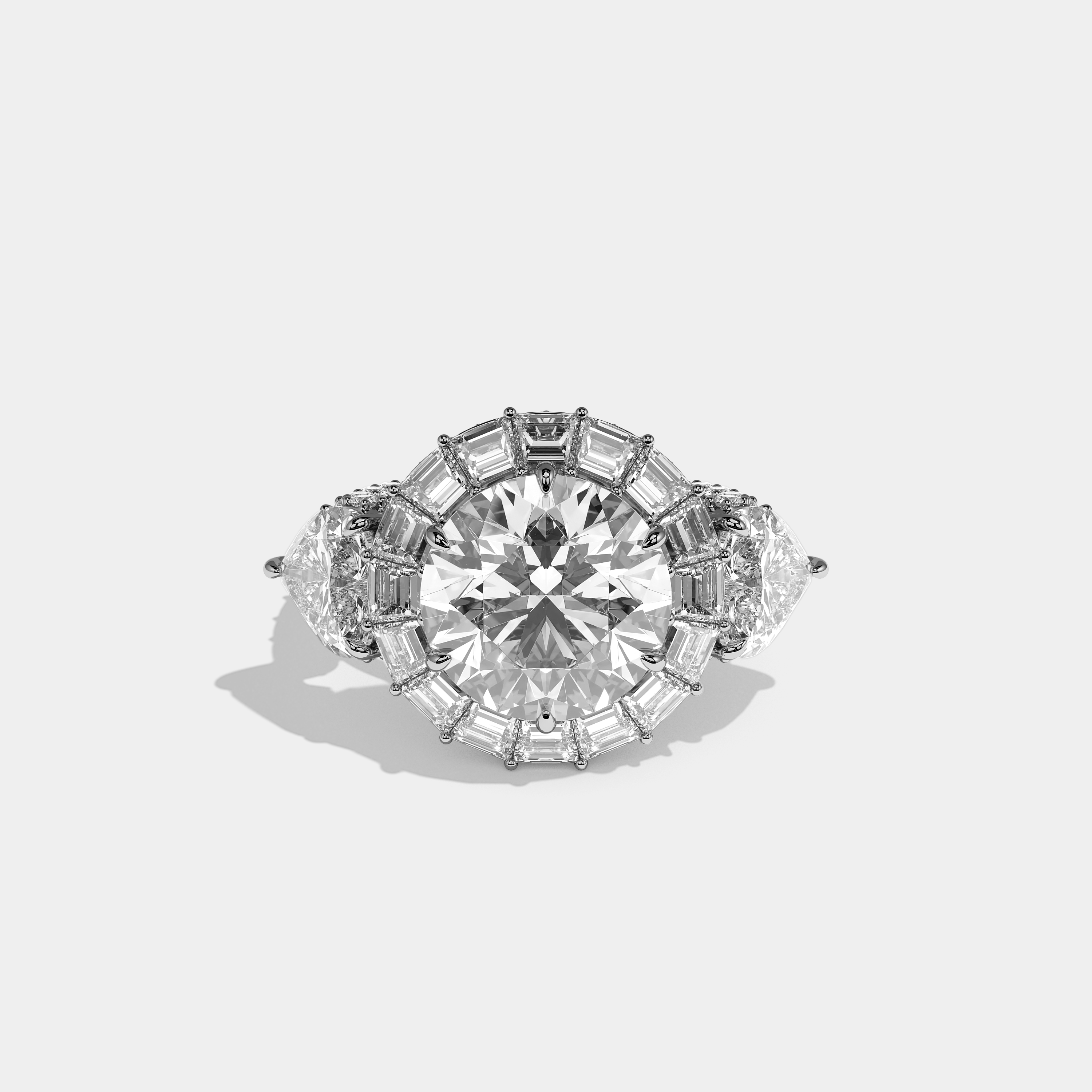 Shira 15.00ct diamond round brilliant halo engagement ring in 18K white gold by Kurbãni Durjini, front view