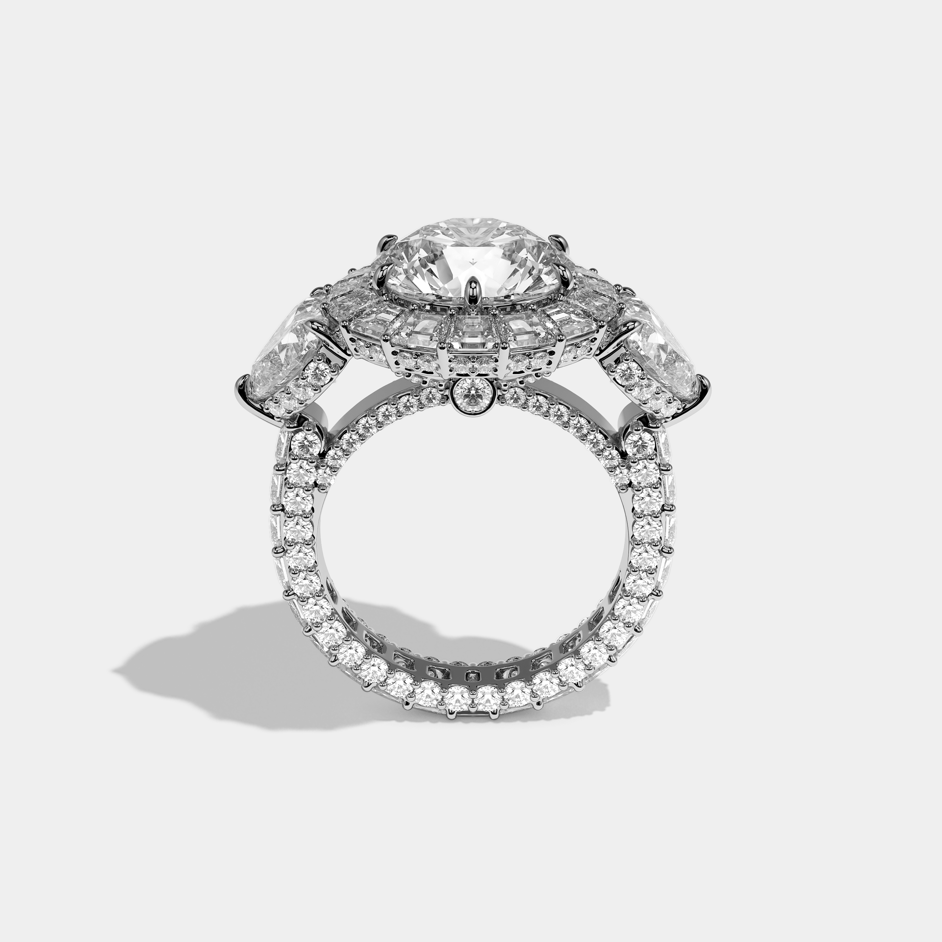 Shira 15.00ct diamond round brilliant halo engagement ring in 18K white gold by Kurbãni Durjini, full view