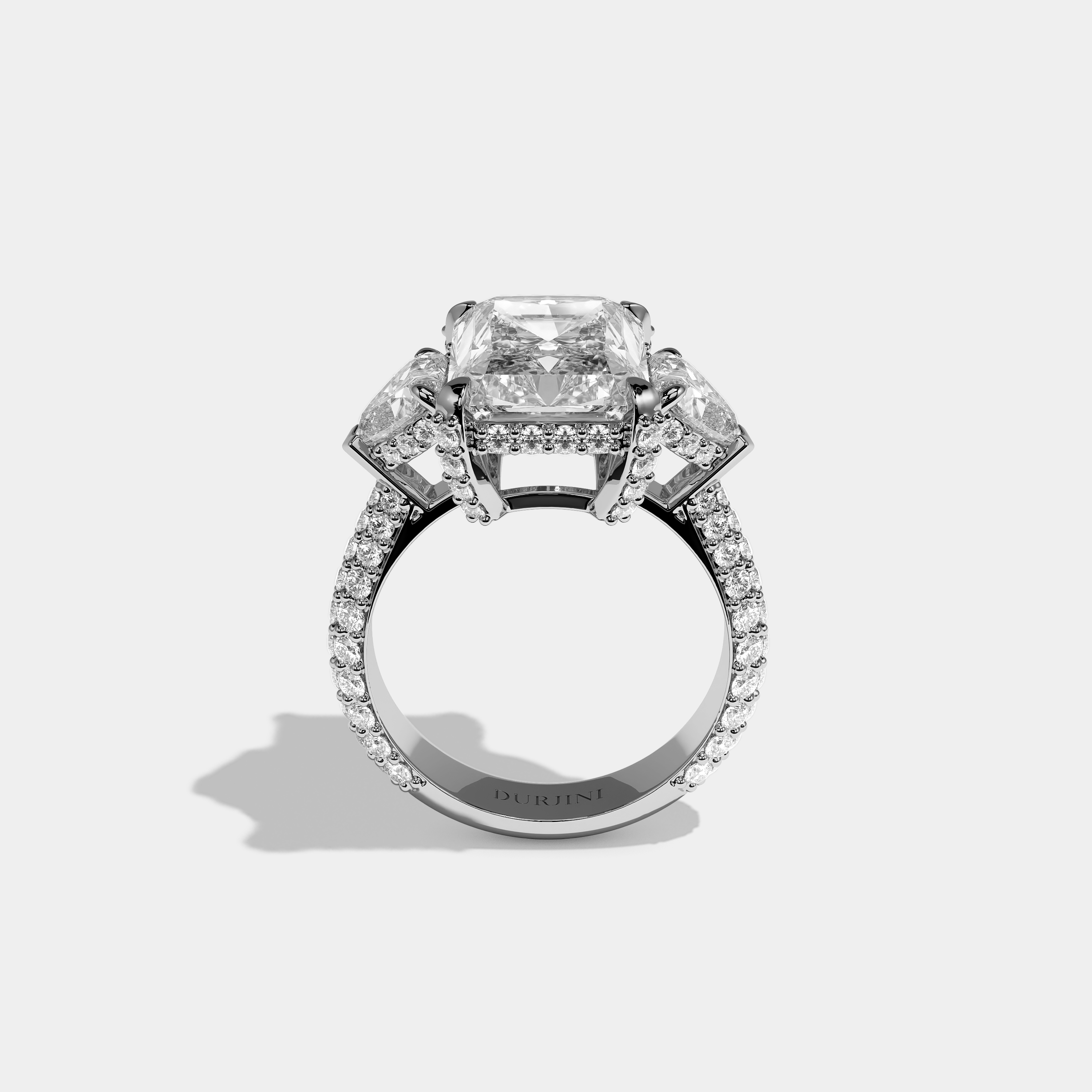 Luna 12.00ct diamond radiant halo engagement ring in 18K white gold by Kurbãni Durjini, full view
