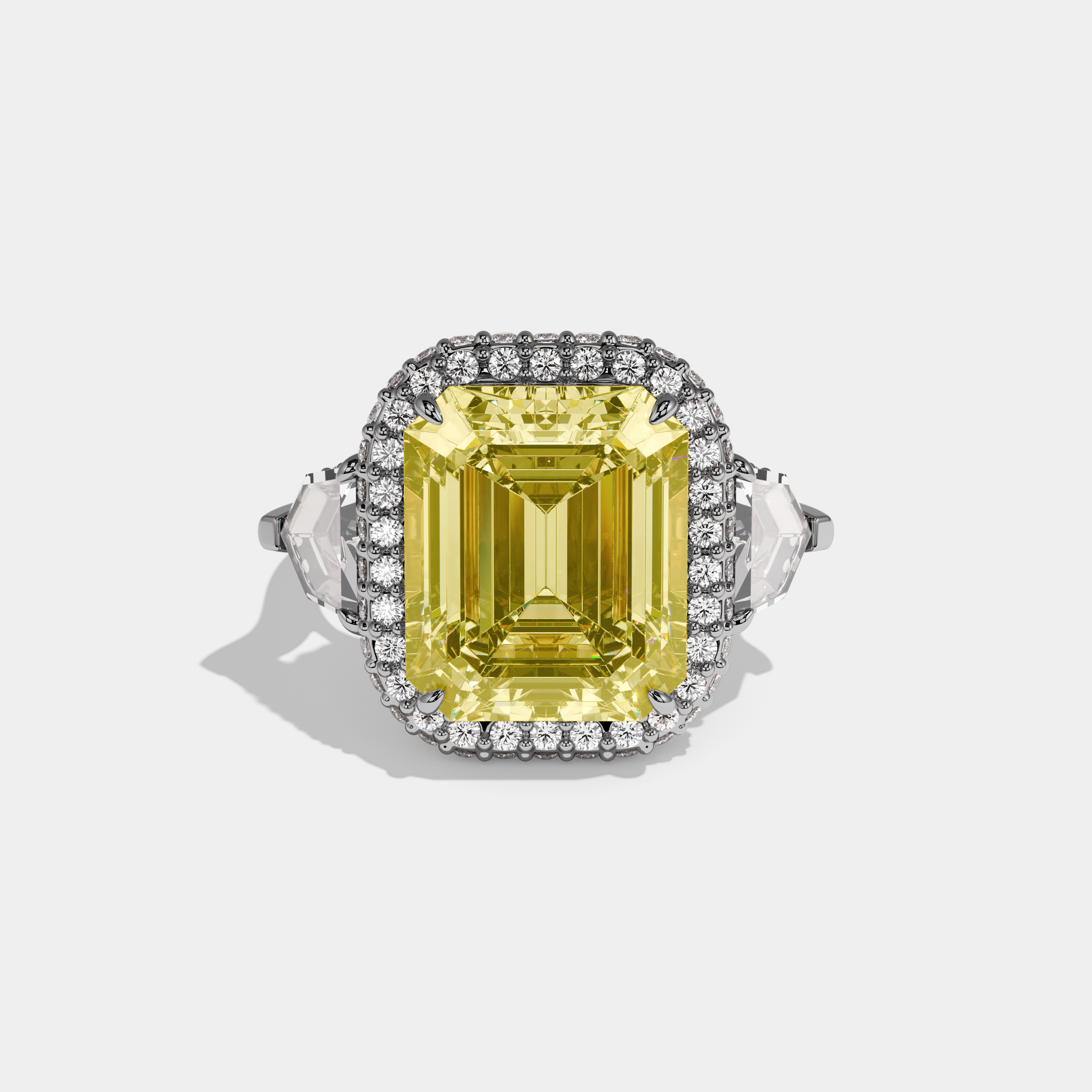 Evadore Fancy Yellow Emerald Cut Diamond Twin Halo With Pentagonal Side Diamond Band Engagement Ring 10ct 18K White Gold