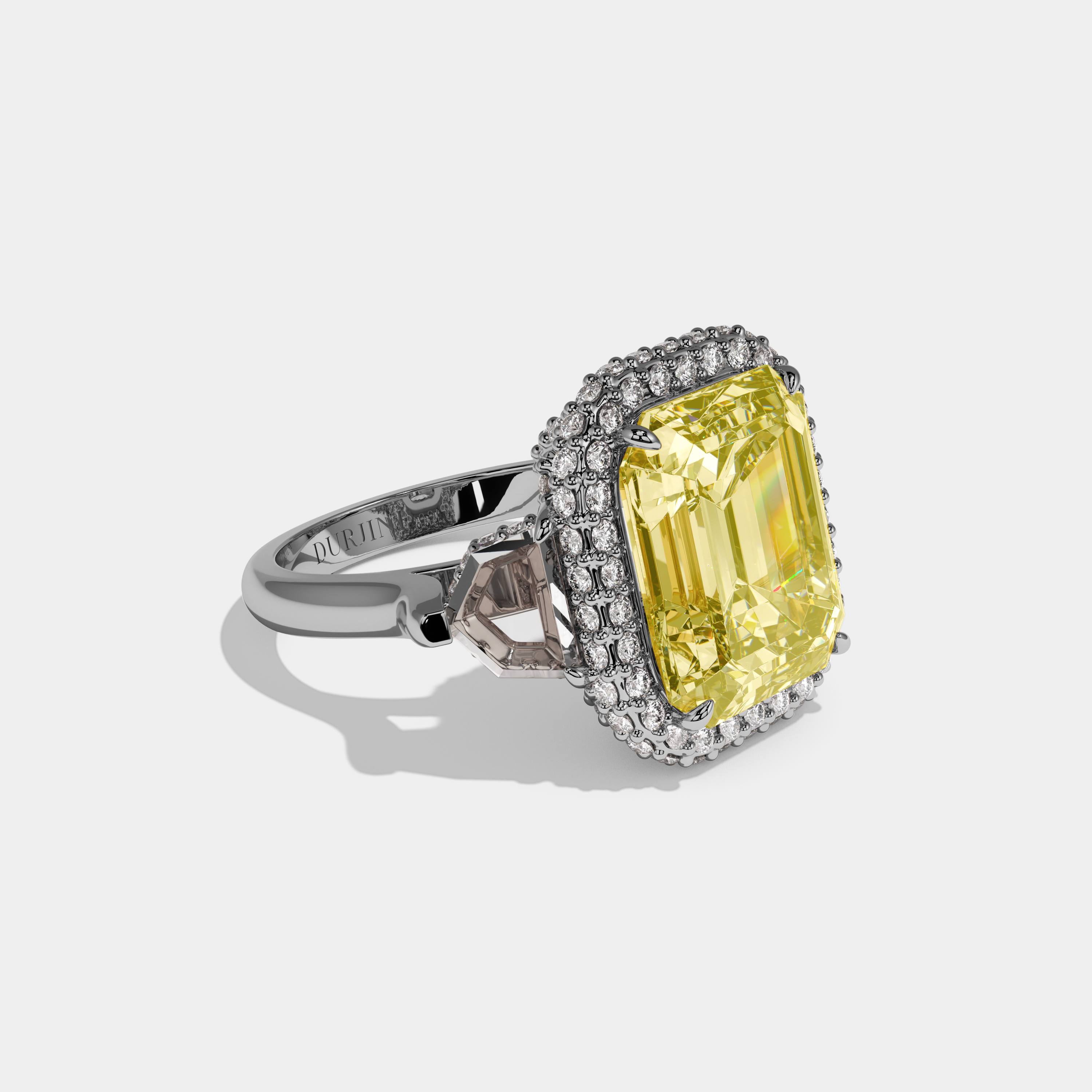 Evadore Fancy Yellow Emerald Cut Diamond Twin Halo With Pentagonal Side Diamond Band Engagement Ring 10ct 18K White Gold
