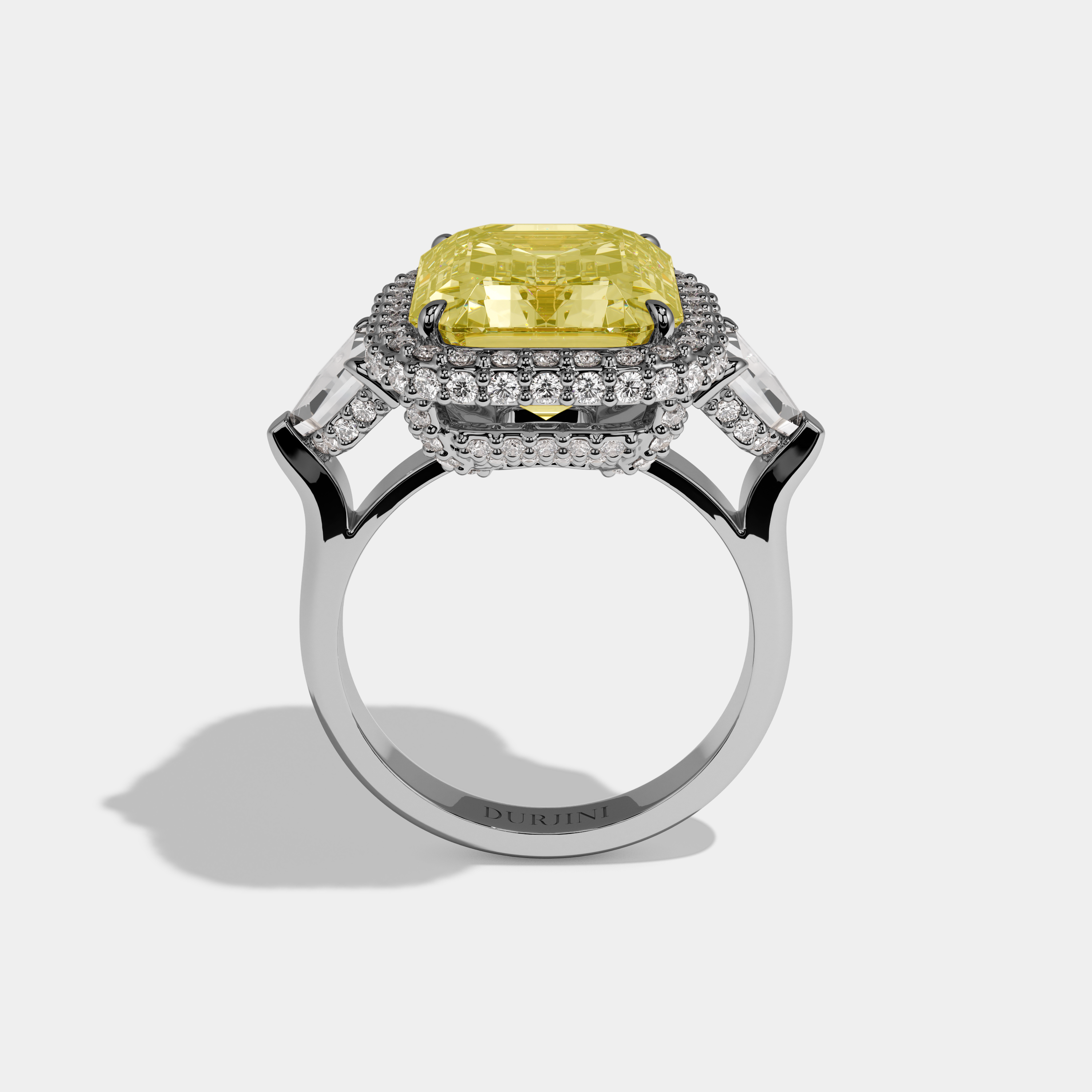 Evadore Fancy Yellow Emerald Cut Diamond Twin Halo With Pentagonal Side Diamond Band Engagement Ring 10ct 18K White Gold