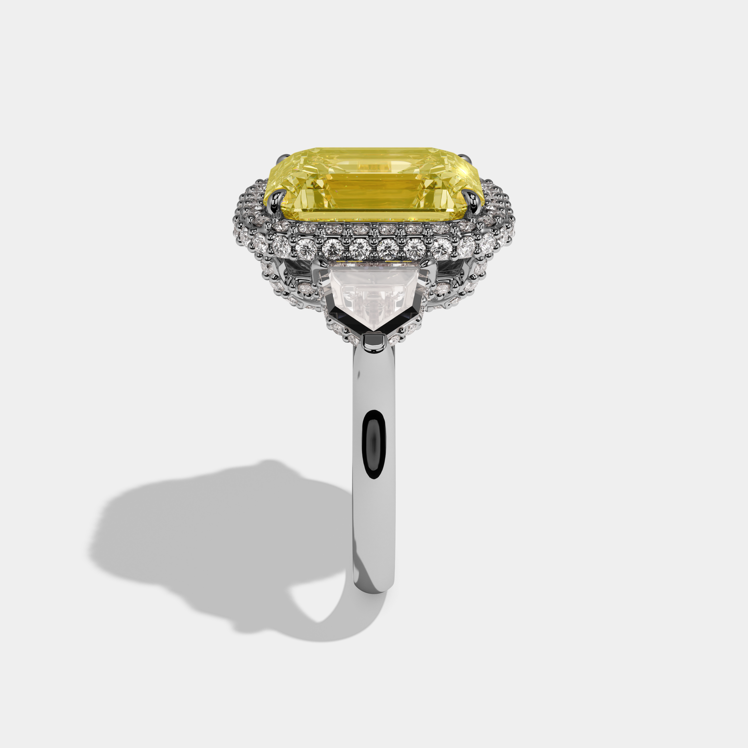 Evadore Fancy Yellow Emerald Cut Diamond Twin Halo With Pentagonal Side Diamond Band Engagement Ring 10ct 18K White Gold