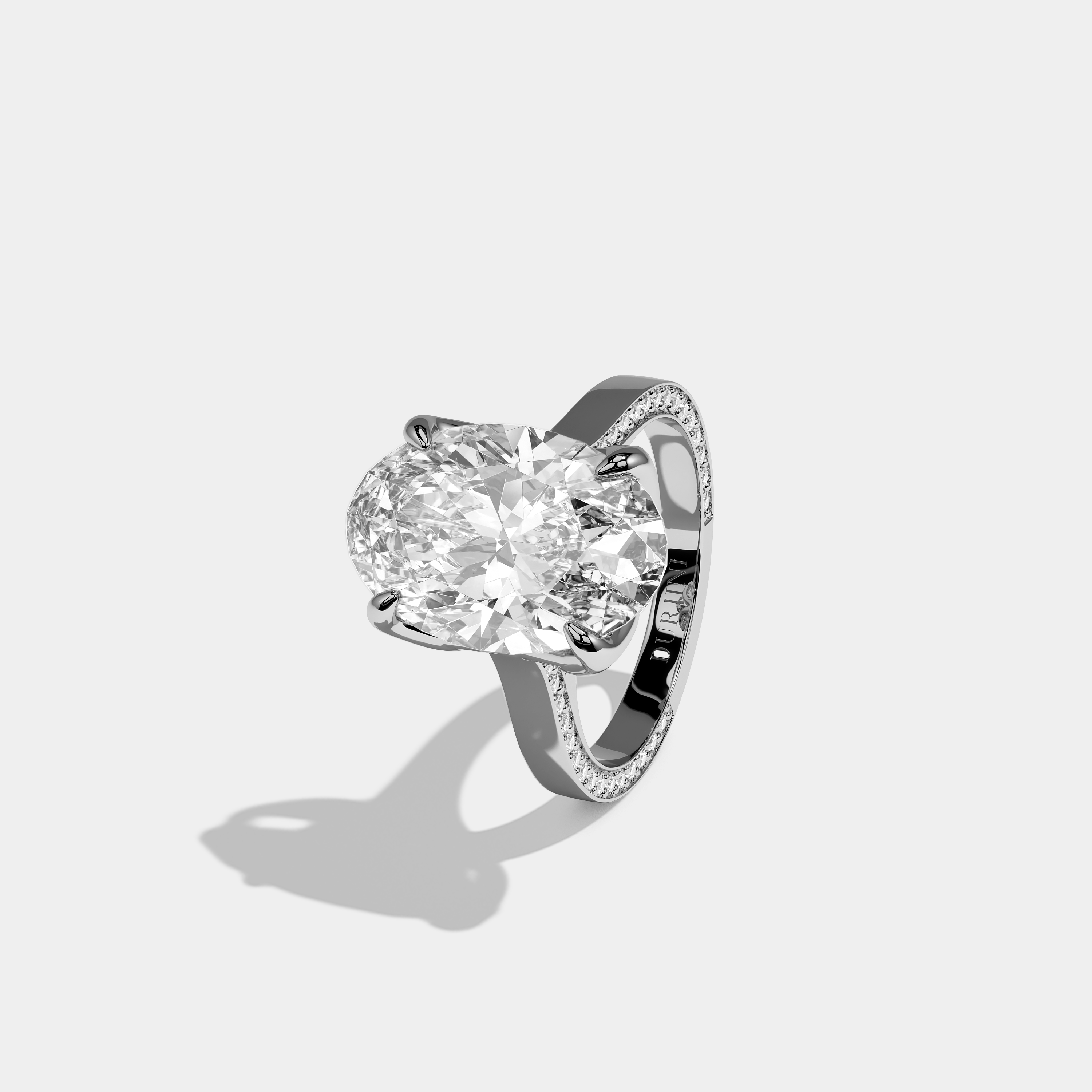 Shira 10.00ct diamond oval halo engagement ring in 18K white gold by Kurbãni Durjini, left view