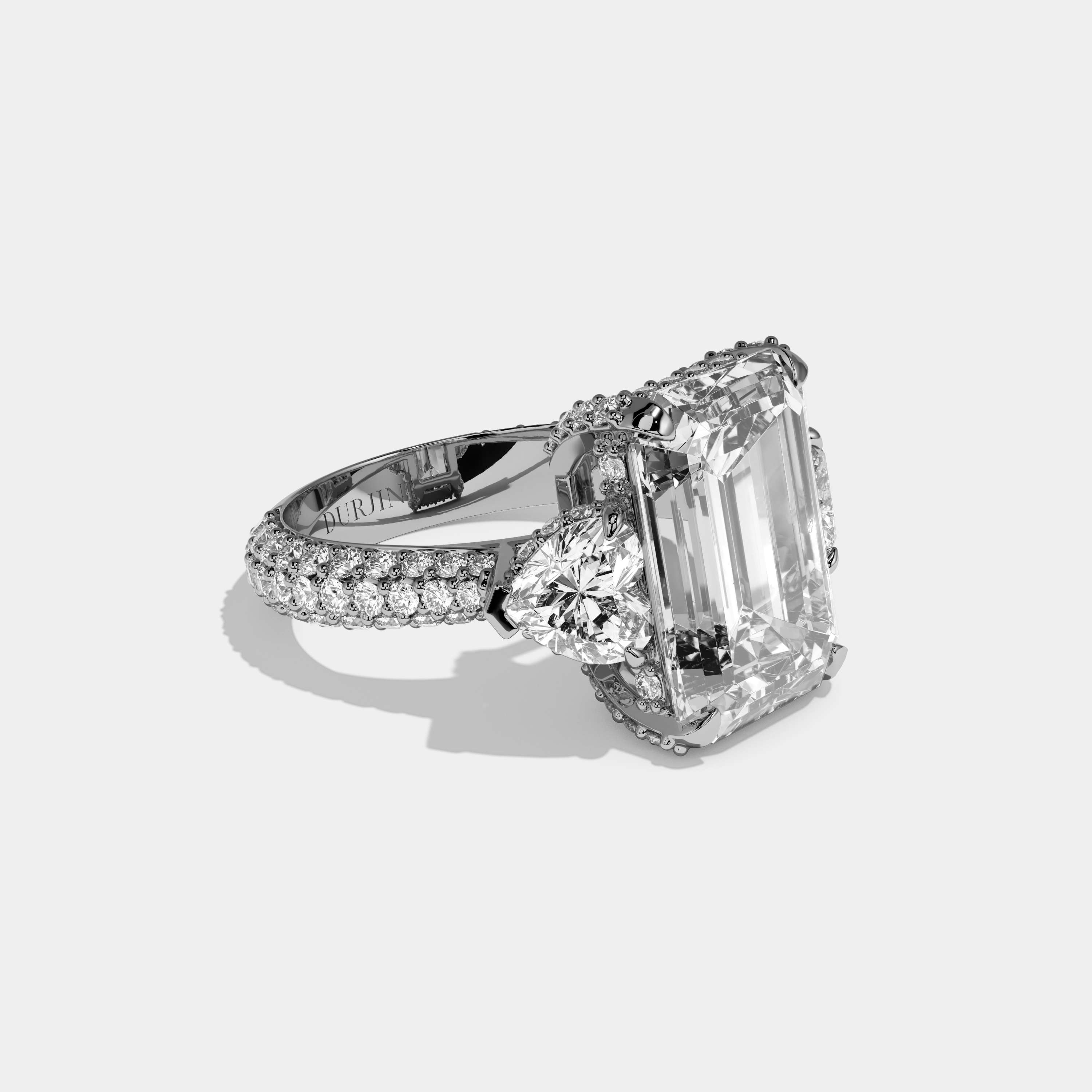Valemere Emerald Cut Diamond Halo Band With Twin Heart Sides Engagement Ring 10ct 18k White Gold
