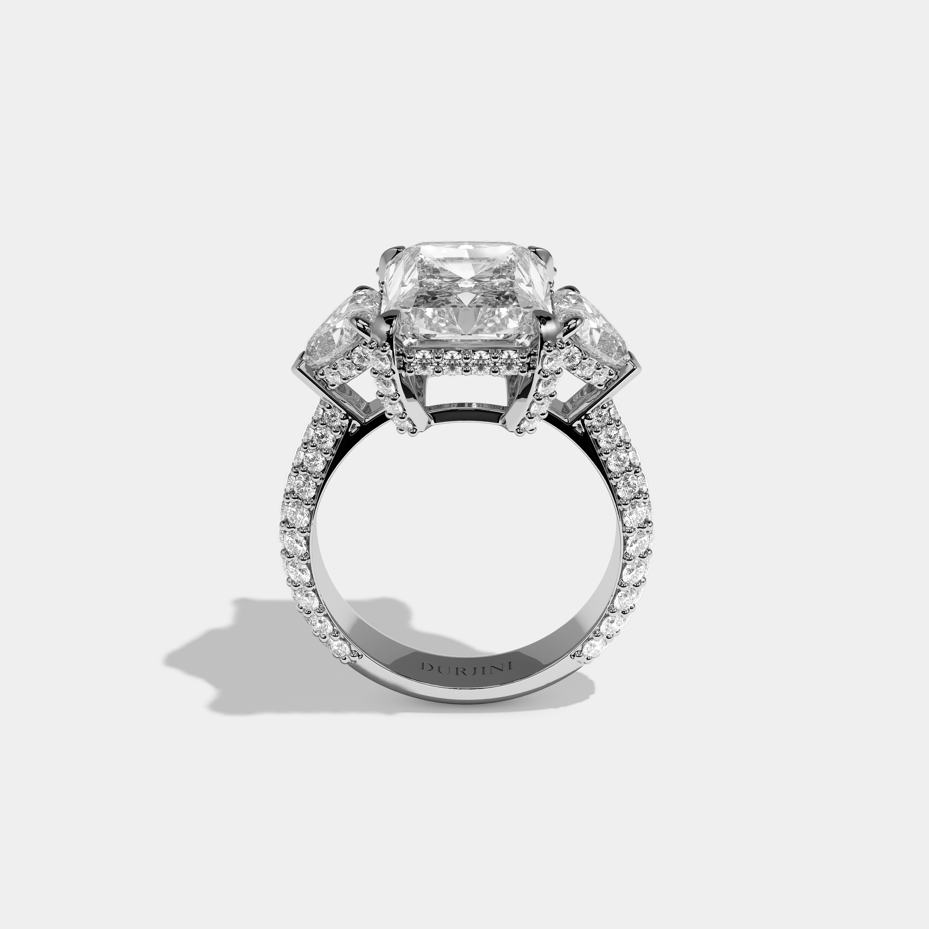 Mira 12.00ct diamond radiant halo engagement ring in 18K white gold by Kurbãni Durjini, full view