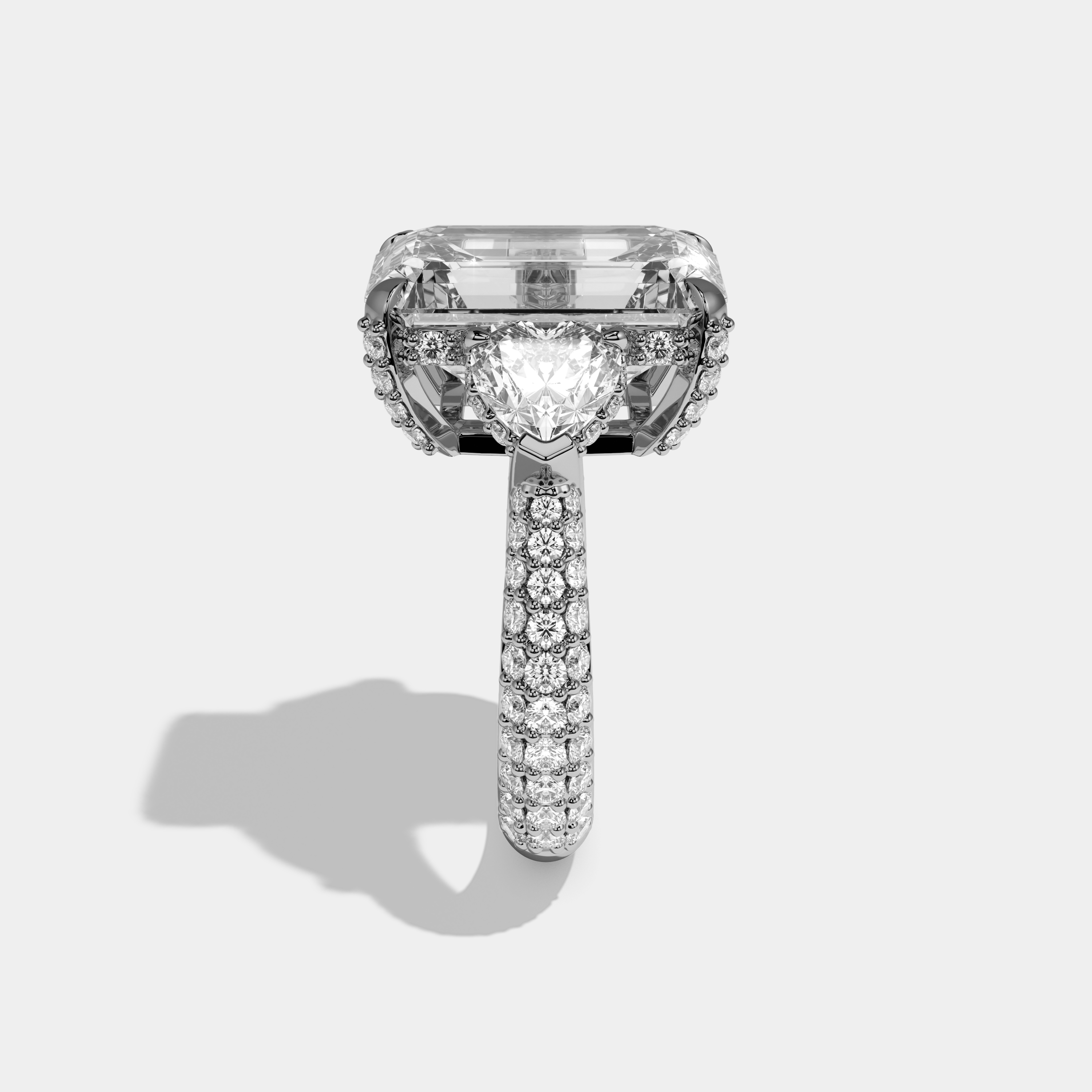 Valemere Emerald Cut Diamond Halo Band With Twin Heart Sides Engagement Ring 10ct 18k White Gold