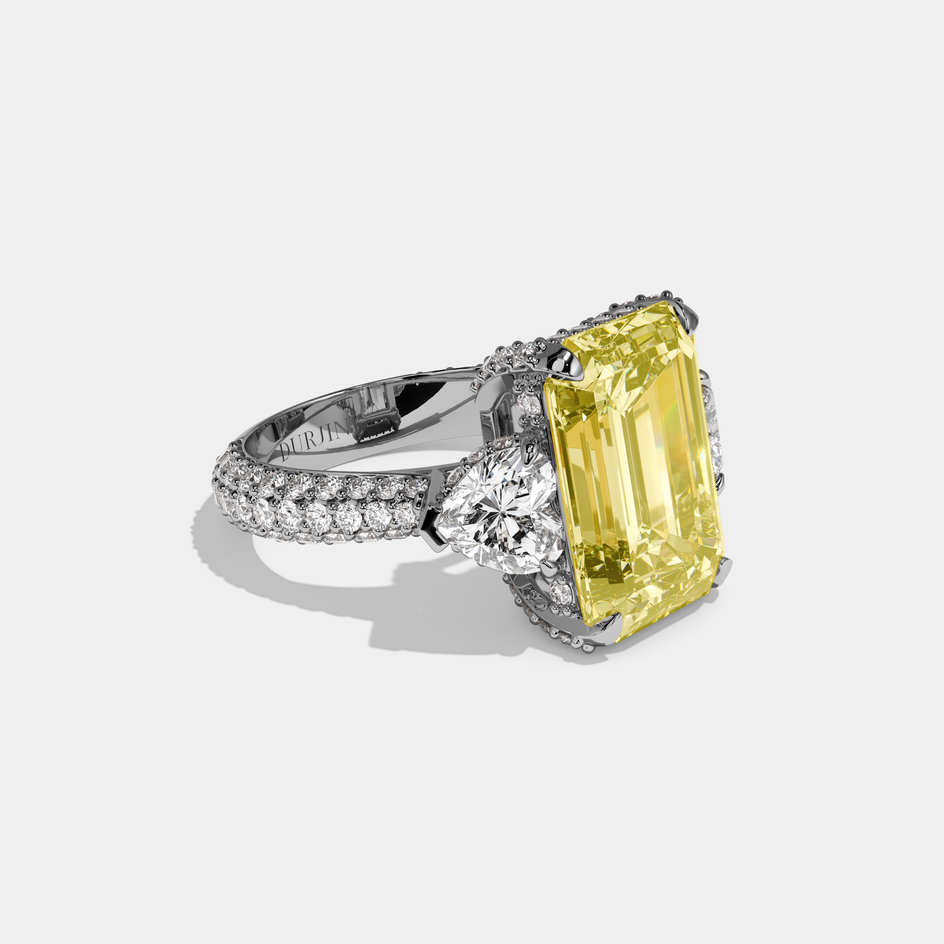 Valemere Fancy Yellow Emerald Cut Diamond Halo Band With Twin Heart Sides Engagement Ring 10ct 18k White Gold