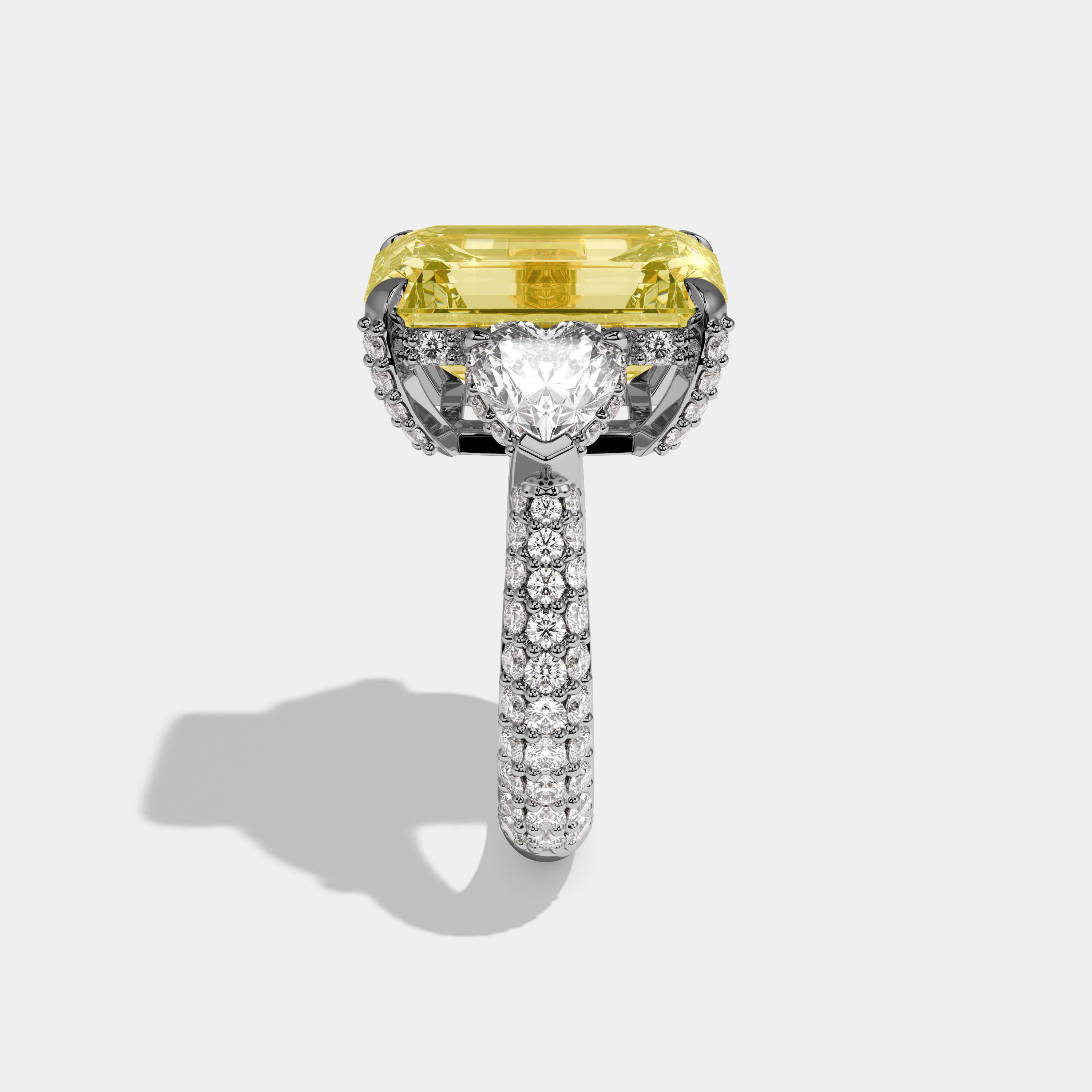 Valemere Fancy Yellow Emerald Cut Diamond Halo Band With Twin Heart Sides Engagement Ring 10ct 18k White Gold
