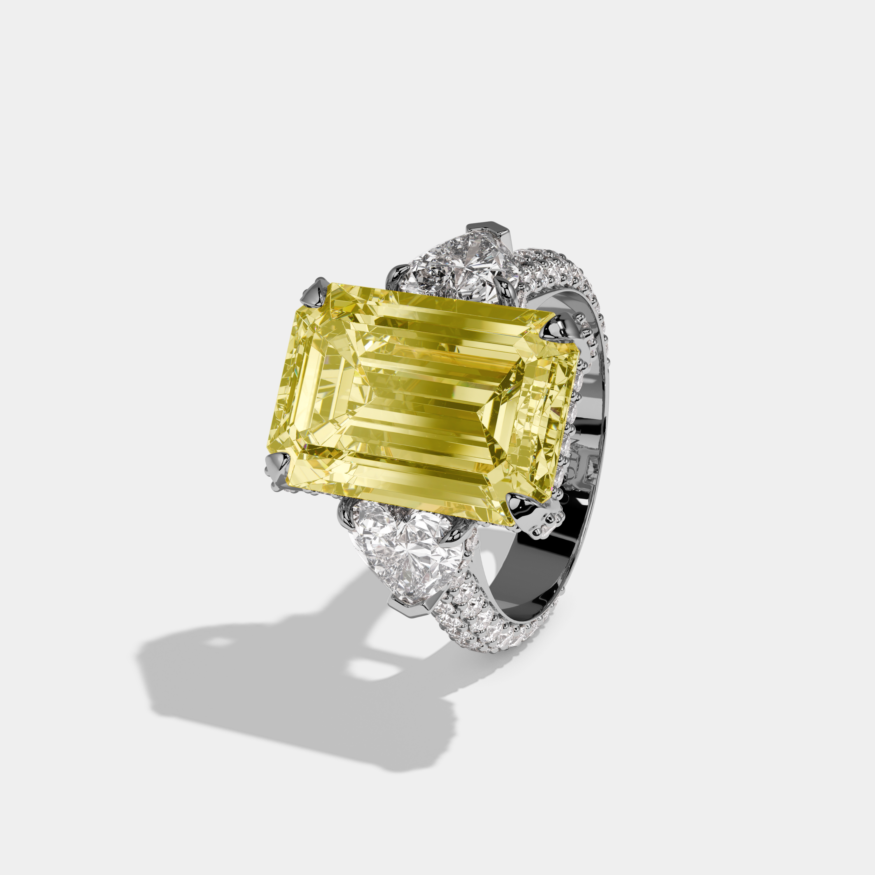Valemere Fancy Yellow Emerald Cut Diamond Halo Band With Twin Heart Sides Engagement Ring 10ct 18k White Gold
