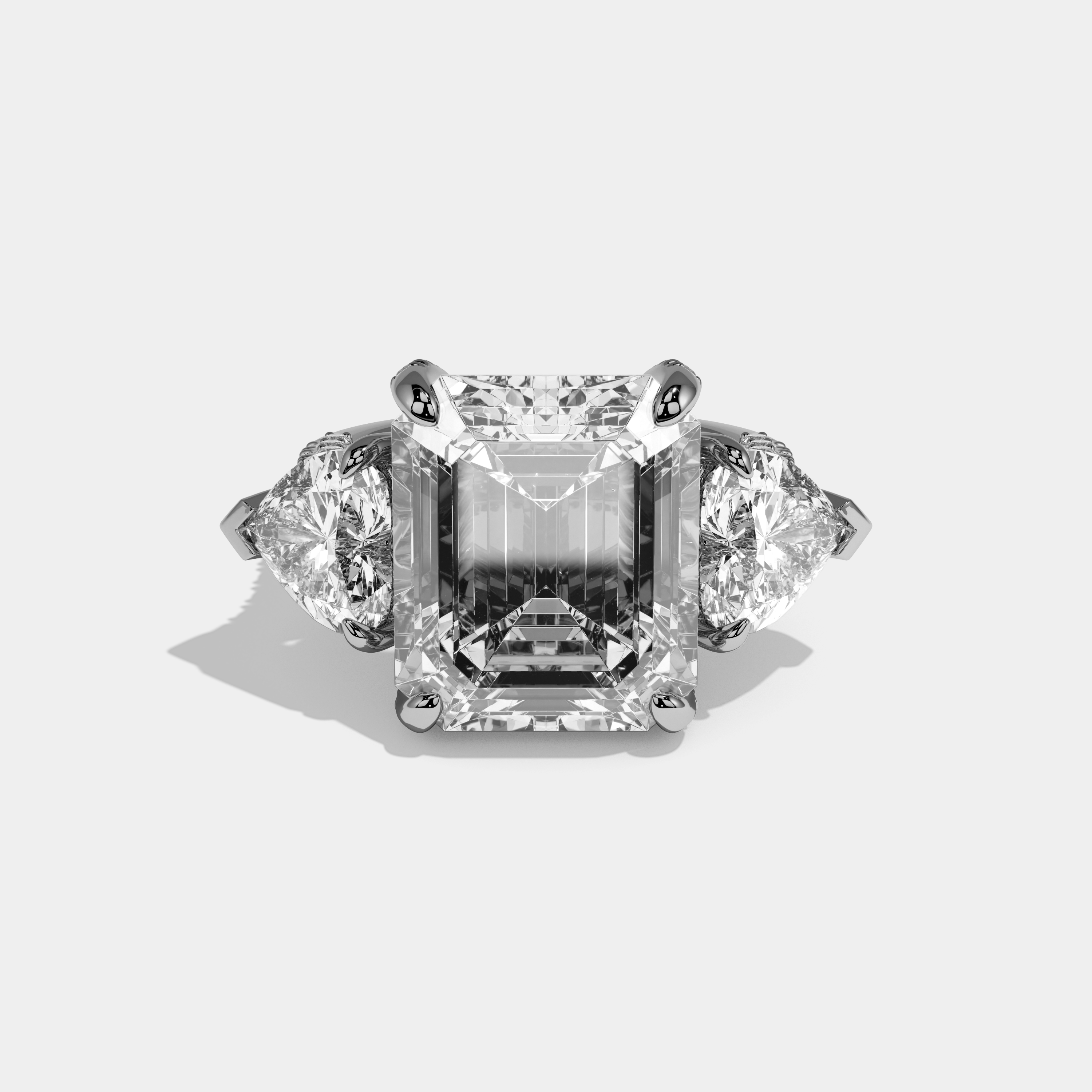 Alexandra Emerald Cut Diamond Halo With Twin Heart Sides Engagement Ring 10ct 18k White Gold